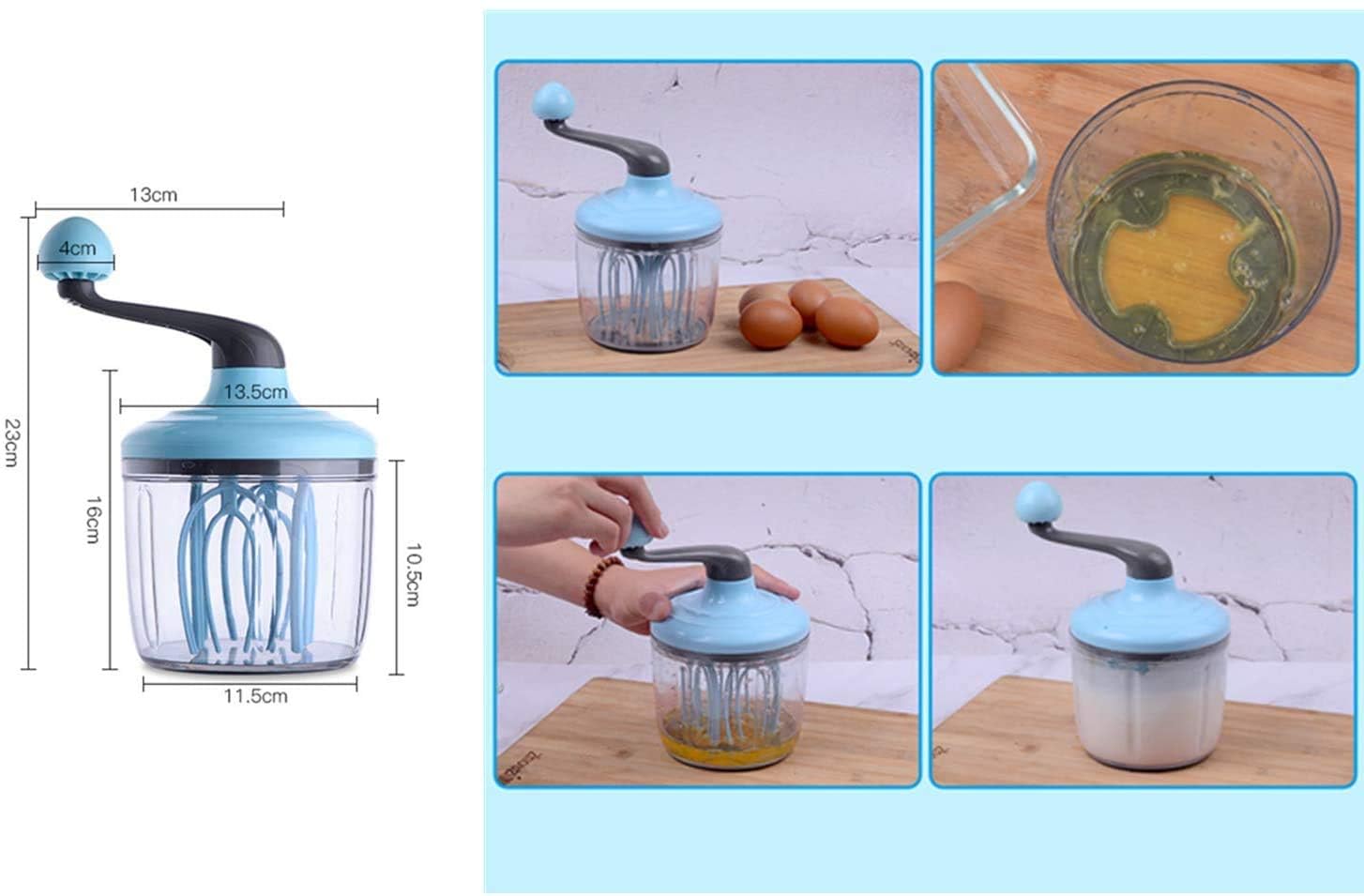 Hand-Crank Egg Beater with 4-Axis Stir Bar – Manual Kitchen Mixer for Whipping Cream, Eggs & Batter – Food-Grade Plastic & Stainless Steel Design (Blue)