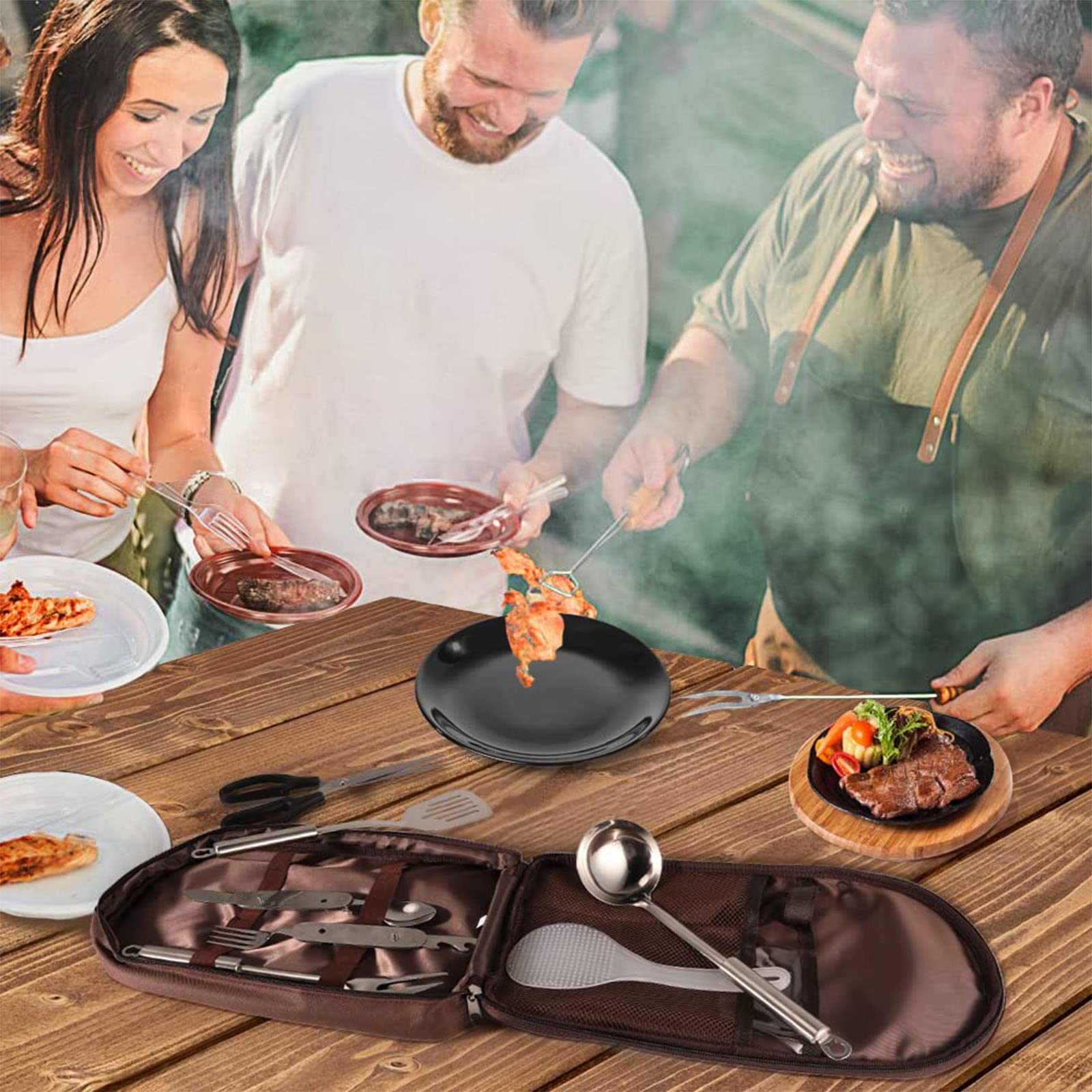 Multi-Functional Outdoor Kitchen Utensil Organizer – Durable Travel Storage Bag with Elastic Straps, Mesh Pockets & Carry Handle, Compact Size (Brown)