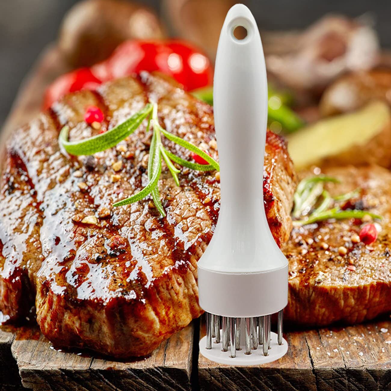 Meat Tenderizer Set with Stainless Steel Needles – 2-Piece Kitchen Tool for Marinating & Cooking Beef, Chicken, Pork, Fish (Black & White)