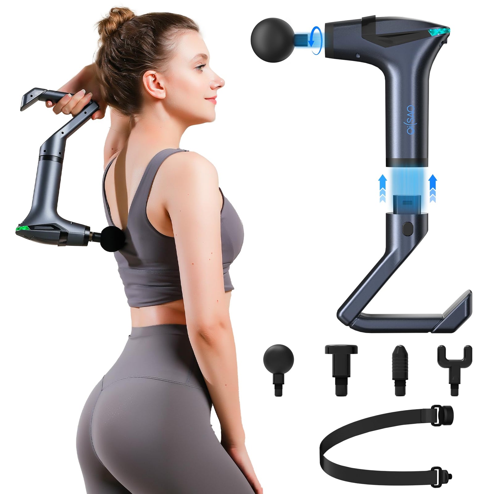 Black 3-in-1 Massage Gun with Extendable Handle & Back Strap – 12-Speed Deep Tissue Muscle Massager, 4 Attachments, USB-C Charging, for Athletes, Gym Recovery & Seniors