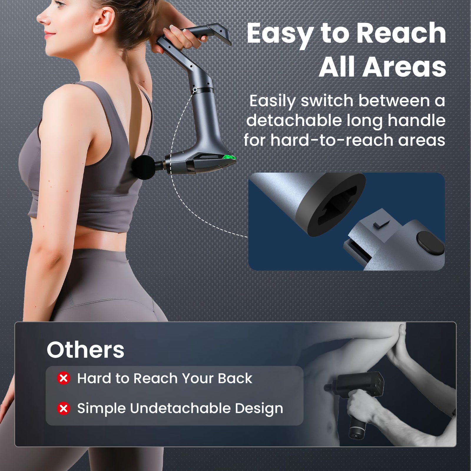 Black 3-in-1 Massage Gun with Extendable Handle & Back Strap – 12-Speed Deep Tissue Muscle Massager, 4 Attachments, USB-C Charging, for Athletes, Gym Recovery & Seniors