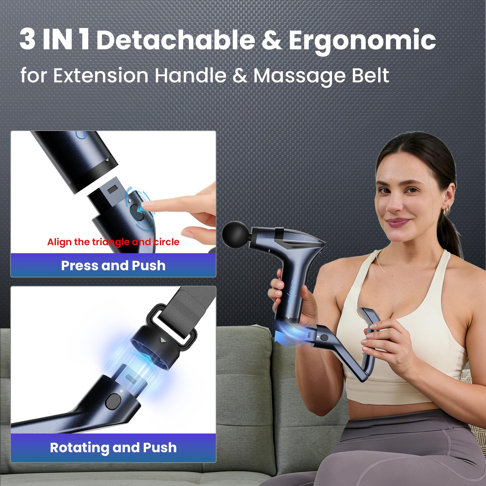 Black 3-in-1 Massage Gun with Extendable Handle & Back Strap – 12-Speed Deep Tissue Muscle Massager, 4 Attachments, USB-C Charging, for Athletes, Gym Recovery & Seniors