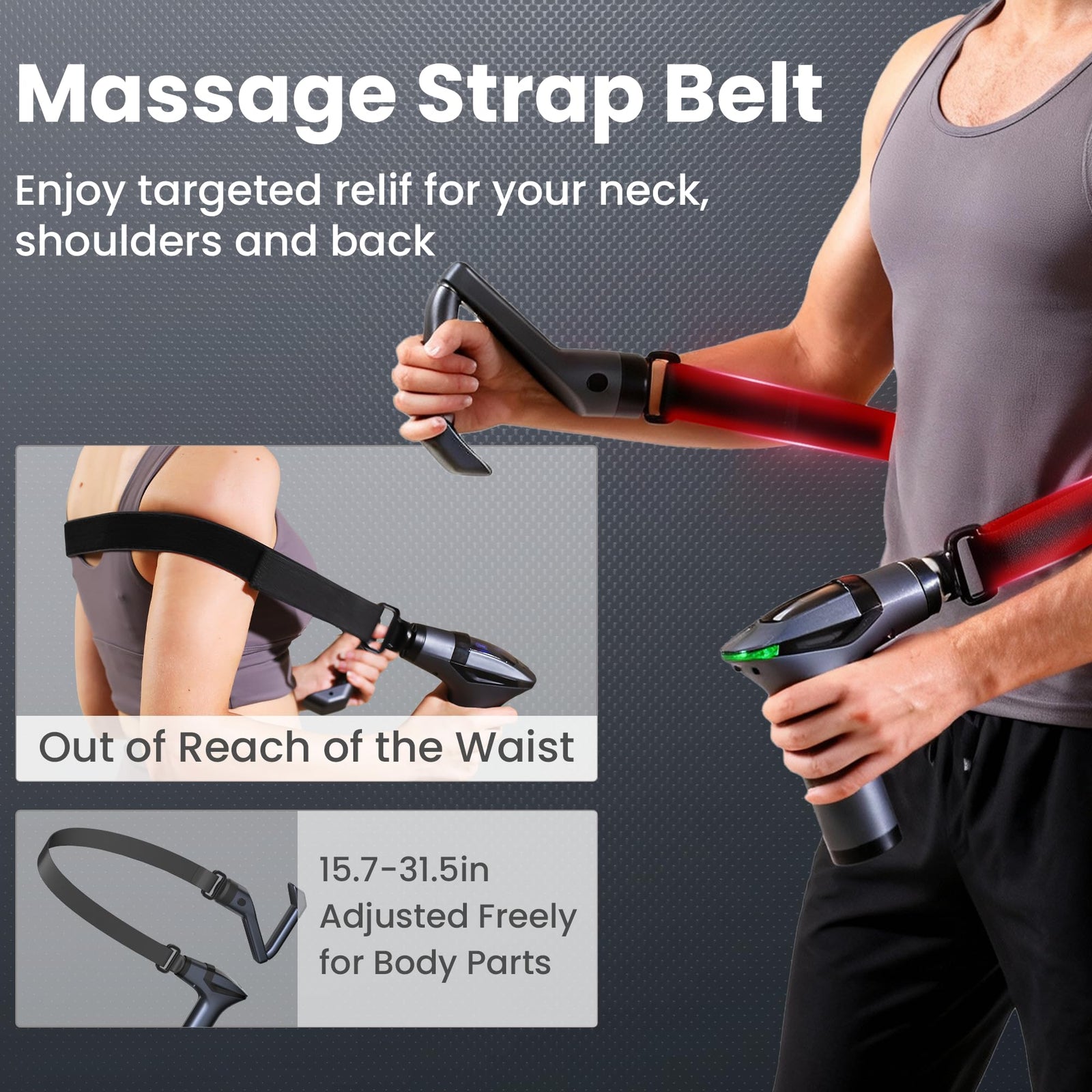 Black 3-in-1 Massage Gun with Extendable Handle & Back Strap – 12-Speed Deep Tissue Muscle Massager, 4 Attachments, USB-C Charging, for Athletes, Gym Recovery & Seniors