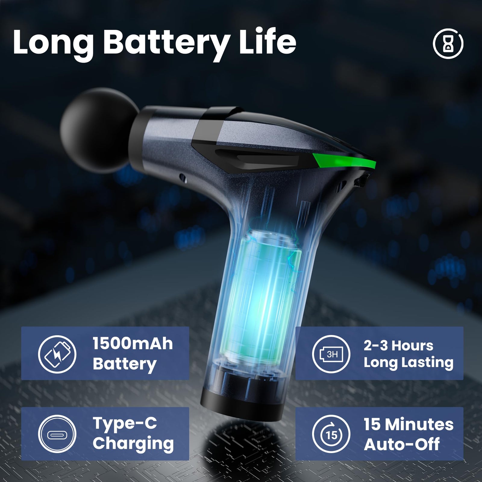 Black 3-in-1 Massage Gun with Extendable Handle & Back Strap – 12-Speed Deep Tissue Muscle Massager, 4 Attachments, USB-C Charging, for Athletes, Gym Recovery & Seniors