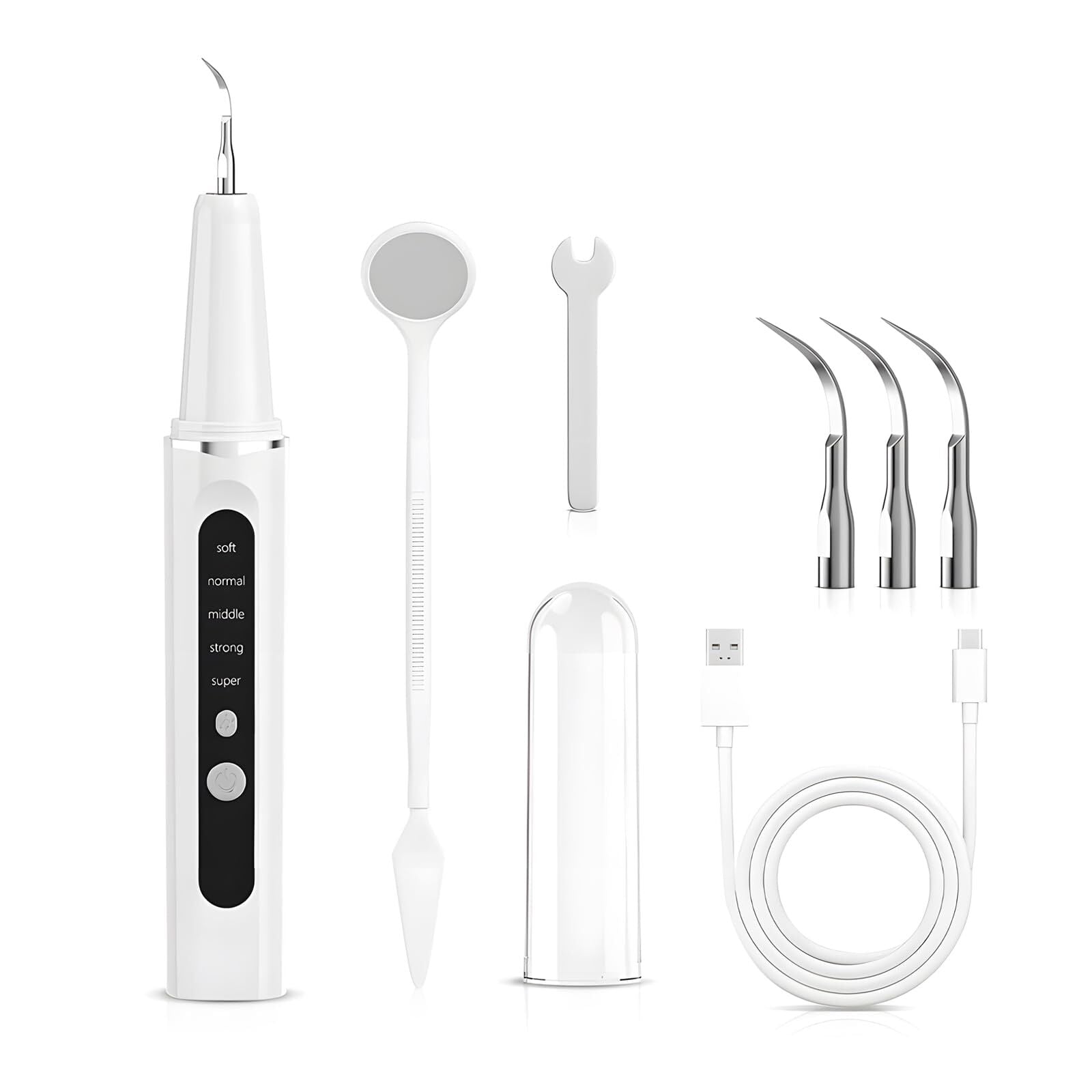 High-End Ultrasonic Tooth Cleaner with LED Light & Smart Gum Protection – 5 Modes, IPX7 Waterproof, Rechargeable, 3 Replacement Tips (White)