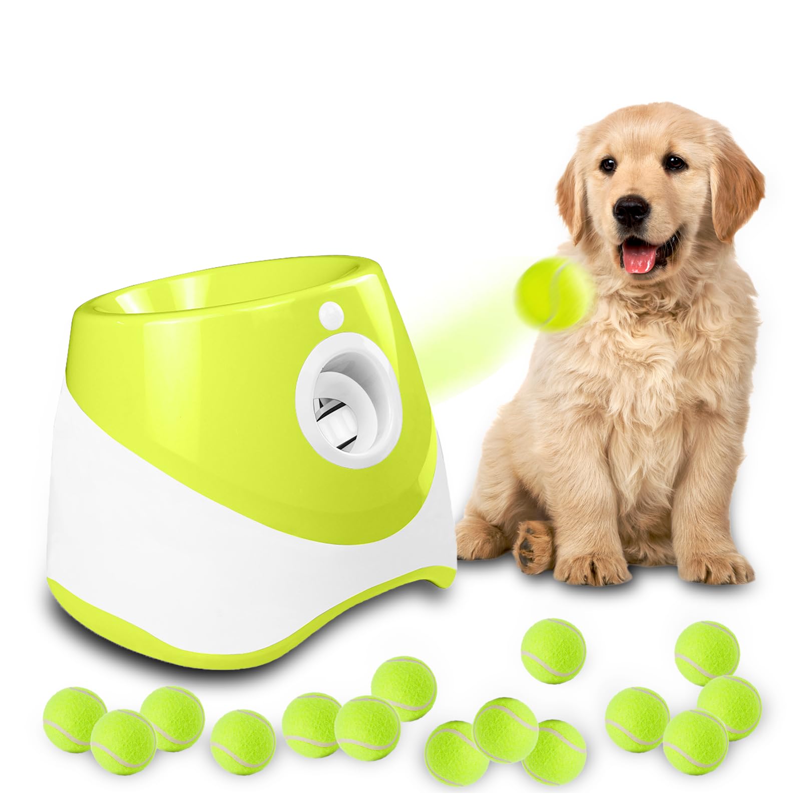 Automatic Dog Ball Launcher with 15 Mini Tennis Balls & Mesh Bag – Rechargeable Pet Toy for Small Dogs, Adjustable Launch Distance, Interactive Play (Light Green)