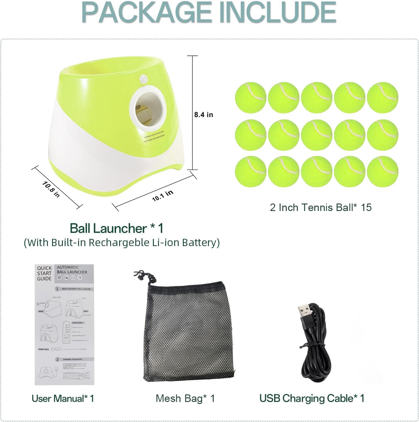 Automatic Dog Ball Launcher with 15 Mini Tennis Balls & Mesh Bag – Rechargeable Pet Toy for Small Dogs, Adjustable Launch Distance, Interactive Play (Light Green)