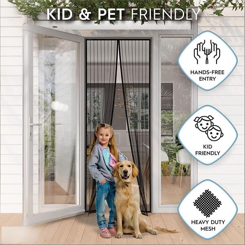 Magnetic Screen Door 110cm x 210cm – Self-Adhesive Mesh Netting for Mosquito & Wasp Protection, Indoor Outdoor Use, (Black,XL)