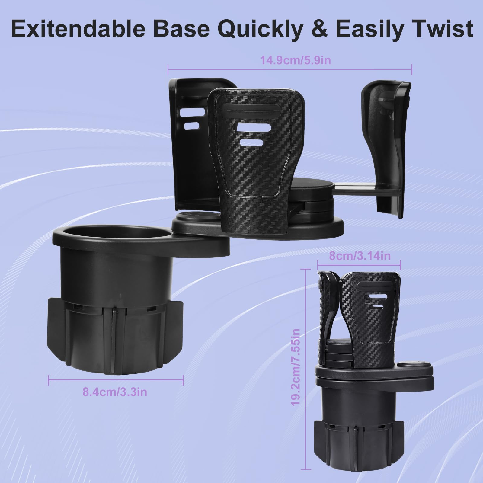 Dual Cup Holder Expander with 360° Rotating Tray – Adjustable Drink & Snack Organizer for Cars, Trucks, SUVs and RVs (Black)