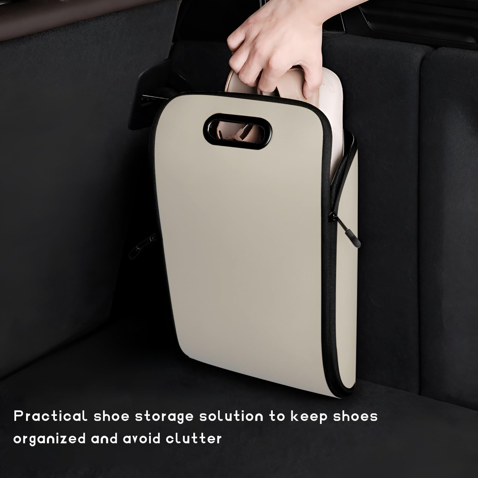 Car Shoe Storage Box – Portable Leather-Look Organizer for Passenger Seat or Trunk, Dustproof and Moisture-Resistant with Zipper and Handle (Beige)