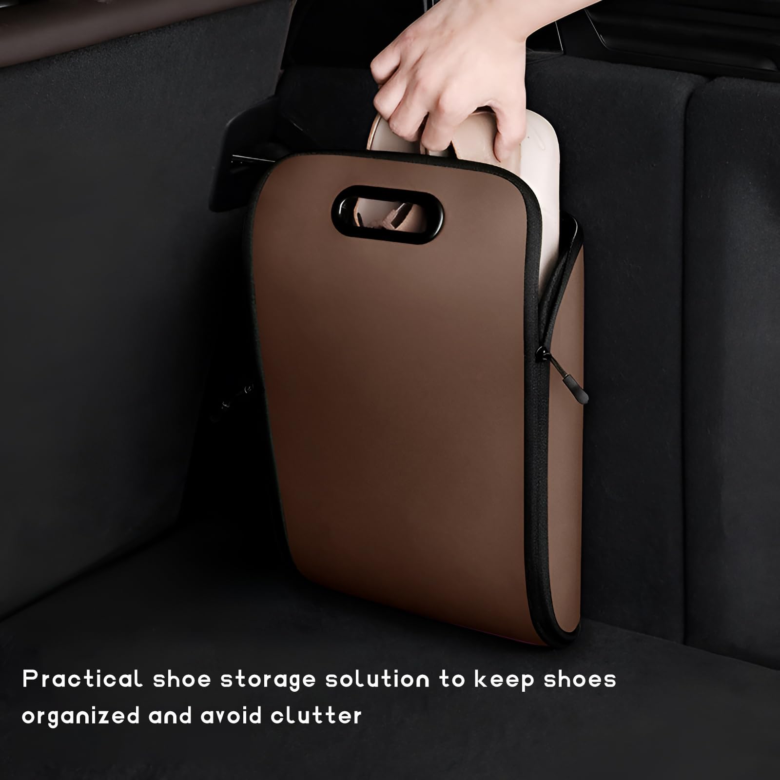 Car Shoe Storage Box – Portable Leather-Look Organizer for Passenger Seat or Trunk, Dustproof and Moisture-Resistant with Zipper and Handle (Brown)