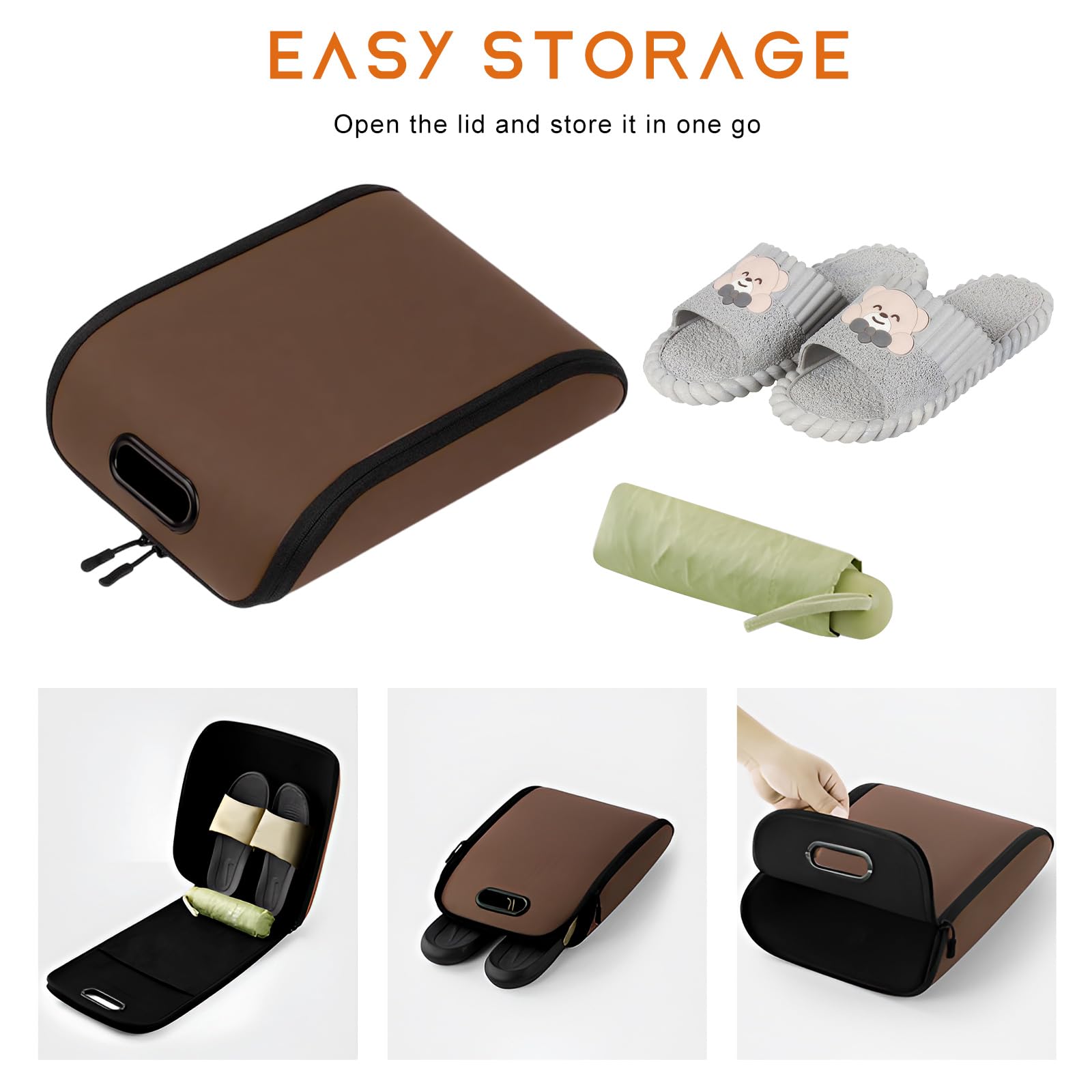 Car Shoe Storage Box – Portable Leather-Look Organizer for Passenger Seat or Trunk, Dustproof and Moisture-Resistant with Zipper and Handle (Brown)