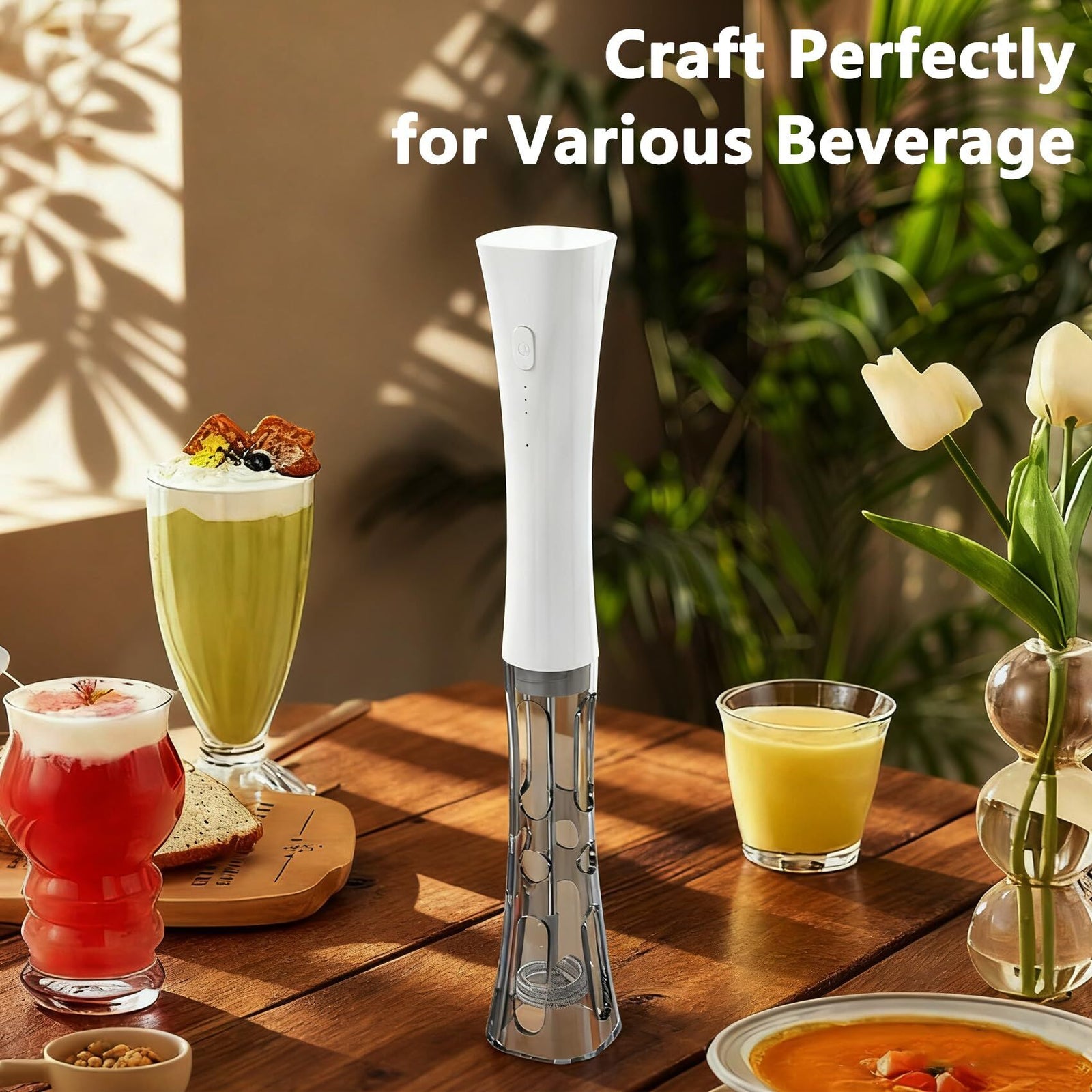 White Hands-Free Milk Frother – 2000mAh Rechargeable Coffee & Drink Mixer for Latte, Cappuccino, Matcha & More | Perfect for Home, Office & Travel