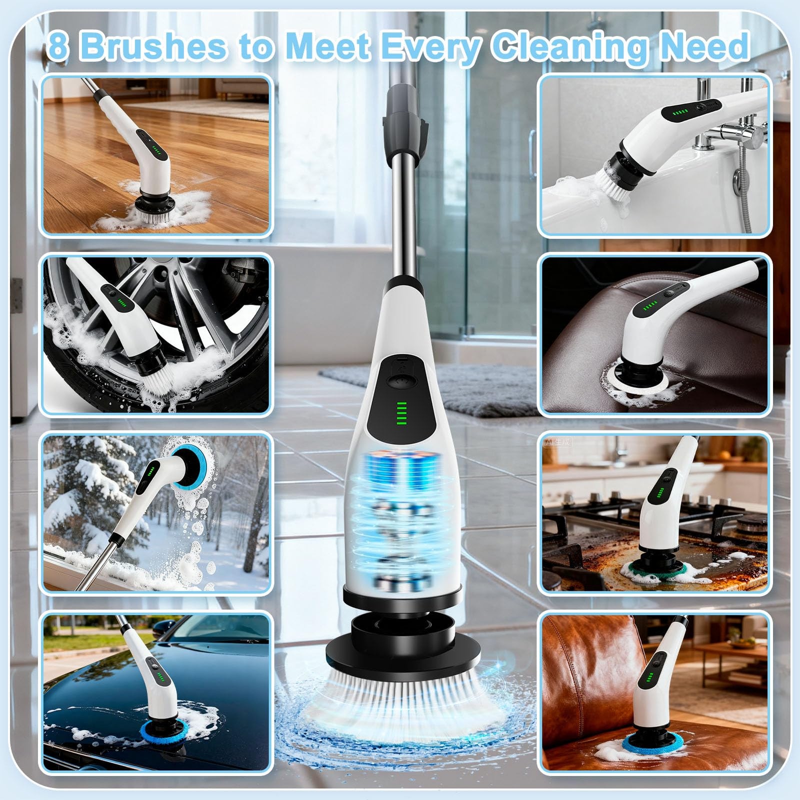 Wireless Electric Cleaning Brush with 8 Replaceable Heads – Adjustable Extendable Handle for Bathroom, Kitchen, Tiles & Car (White)