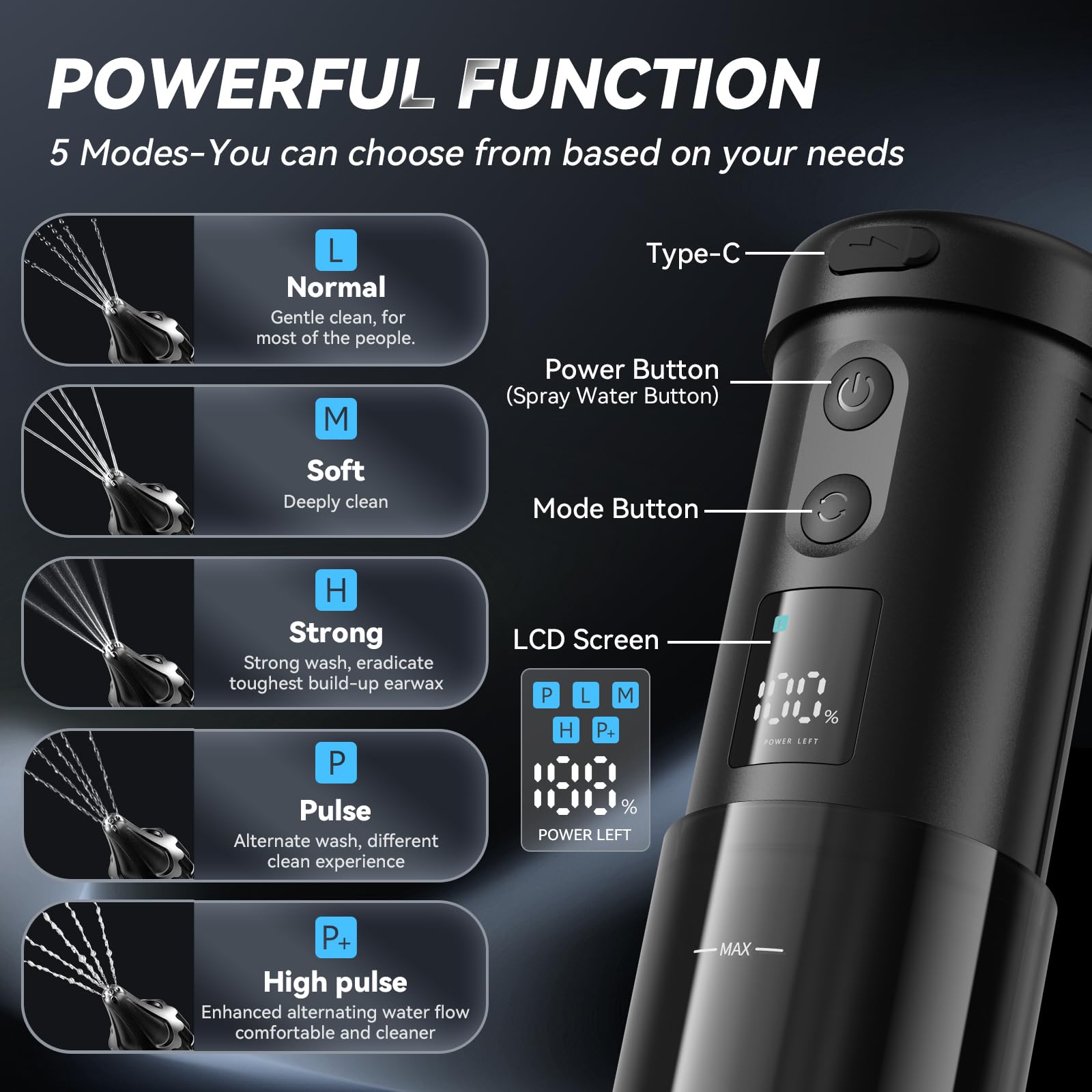 Electric Ear Cleaner with 5 Modes – Rechargeable Ear Irrigator with LCD Display, Foldable Nozzle, and Soft Silicone Tips for Safe Earwax Removal at Home or Travel (Black)