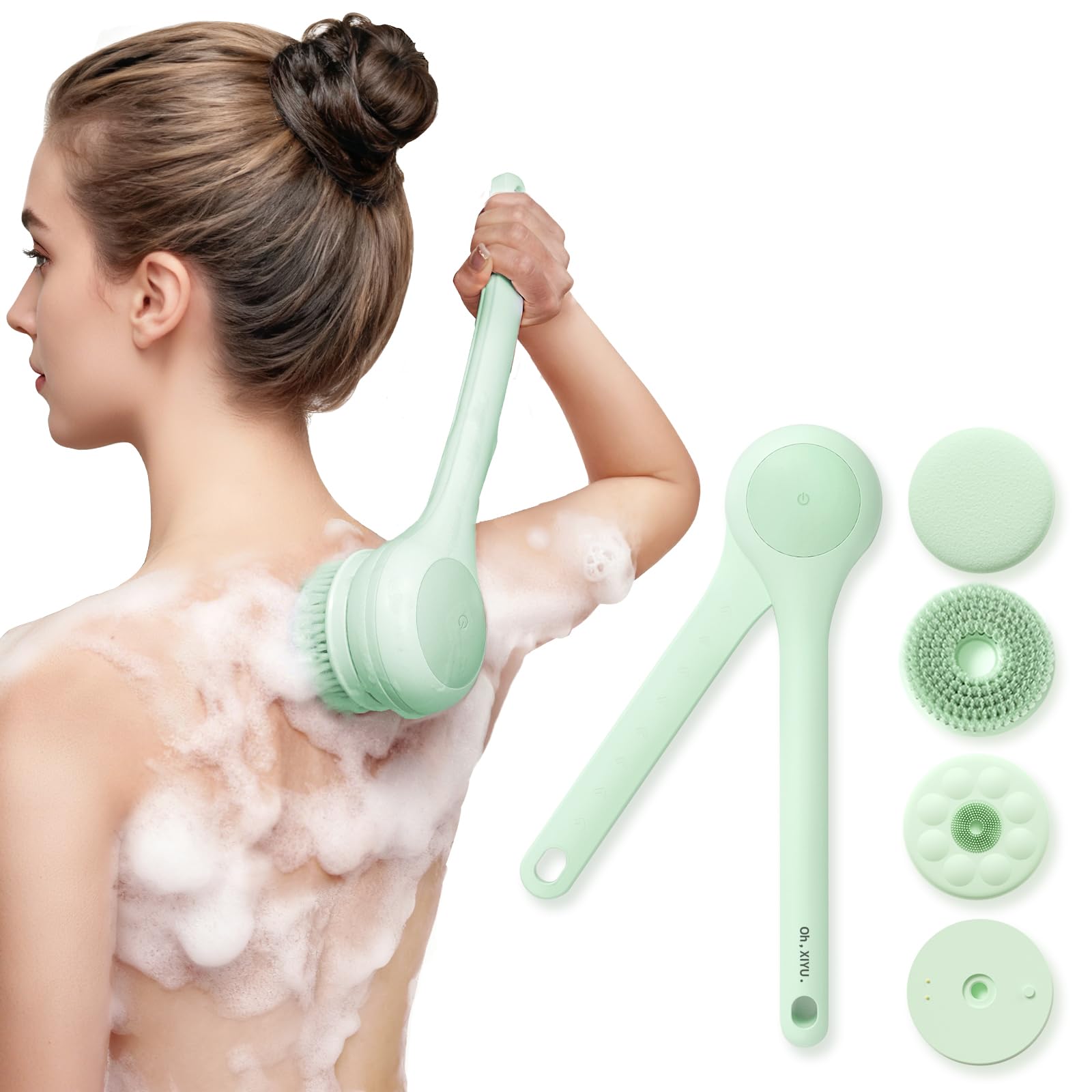 Electric Body Brush with Dual Handles – Waterproof Rotating Bath Scrubber, 3 Replaceable Heads, USB-C Charging, 2 Speeds(Green)