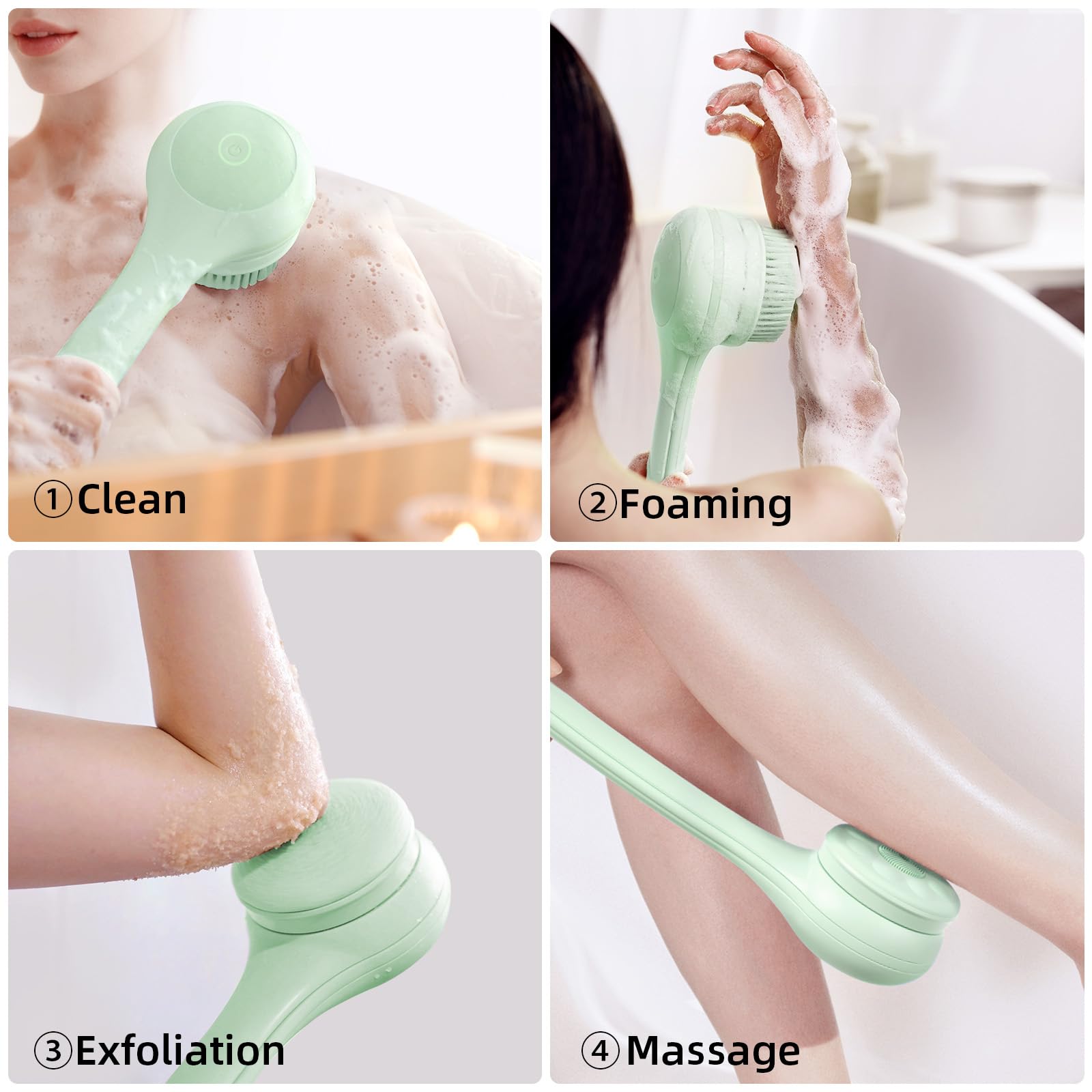 Electric Body Brush with Dual Handles – Waterproof Rotating Bath Scrubber, 3 Replaceable Heads, USB-C Charging, 2 Speeds(Green)