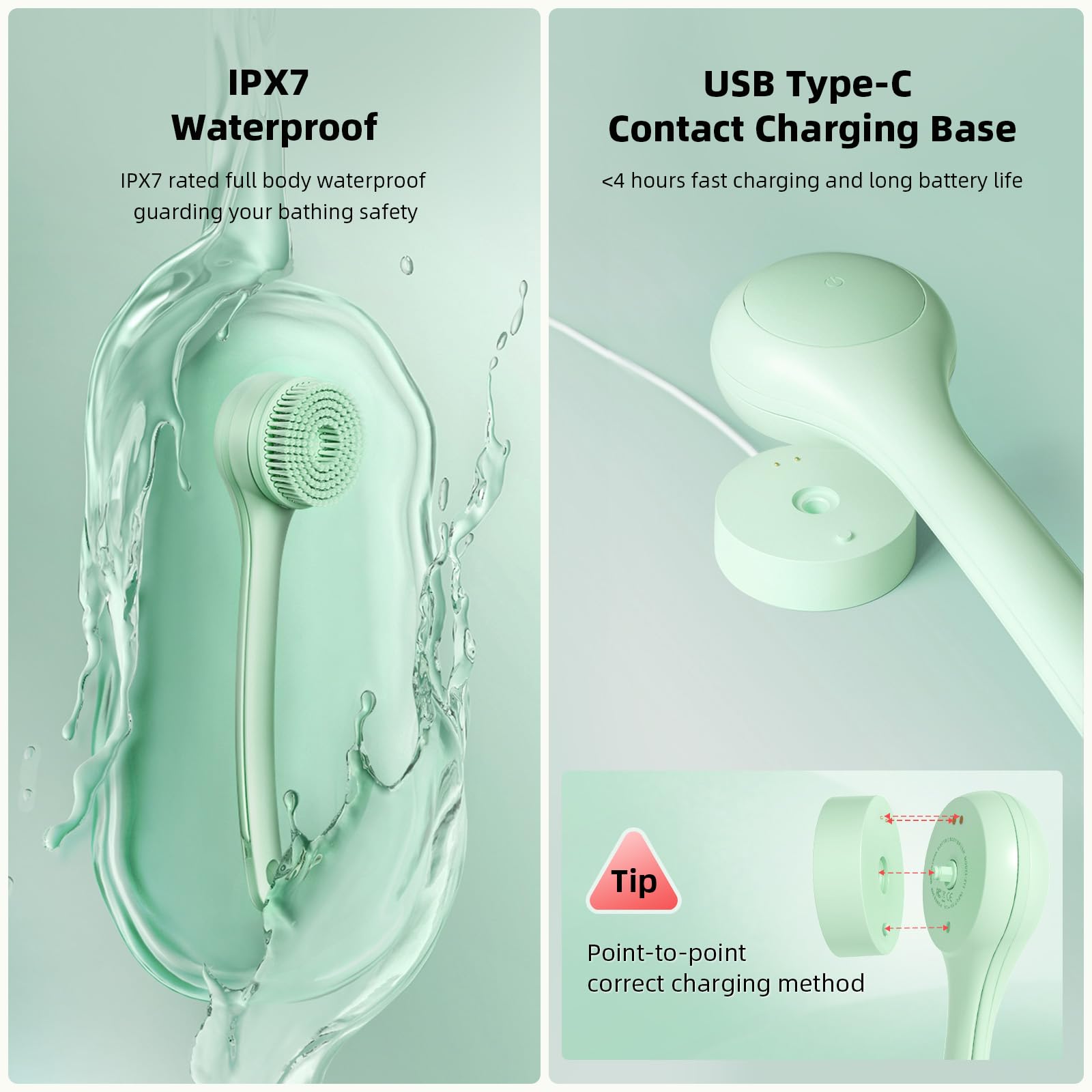 Electric Body Brush with Dual Handles – Waterproof Rotating Bath Scrubber, 3 Replaceable Heads, USB-C Charging, 2 Speeds(Green)