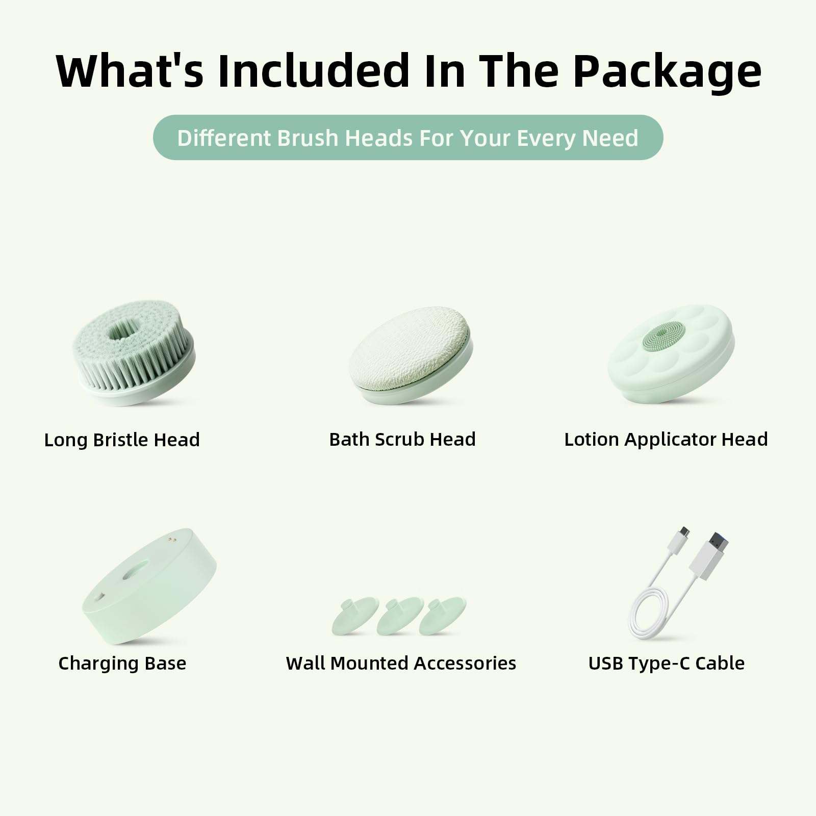 Electric Body Brush with Dual Handles – Waterproof Rotating Bath Scrubber, 3 Replaceable Heads, USB-C Charging, 2 Speeds(Green)