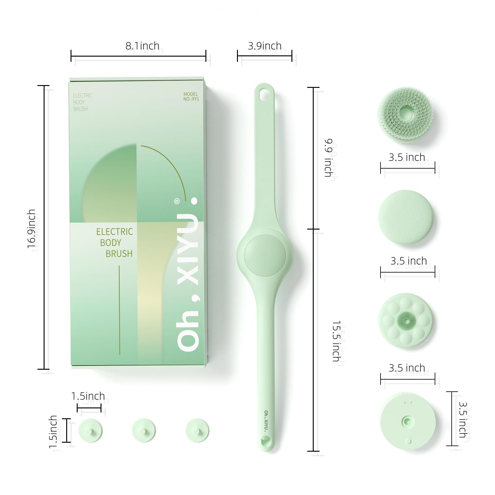 Electric Body Brush with Dual Handles – Waterproof Rotating Bath Scrubber, 3 Replaceable Heads, USB-C Charging, 2 Speeds(Green)