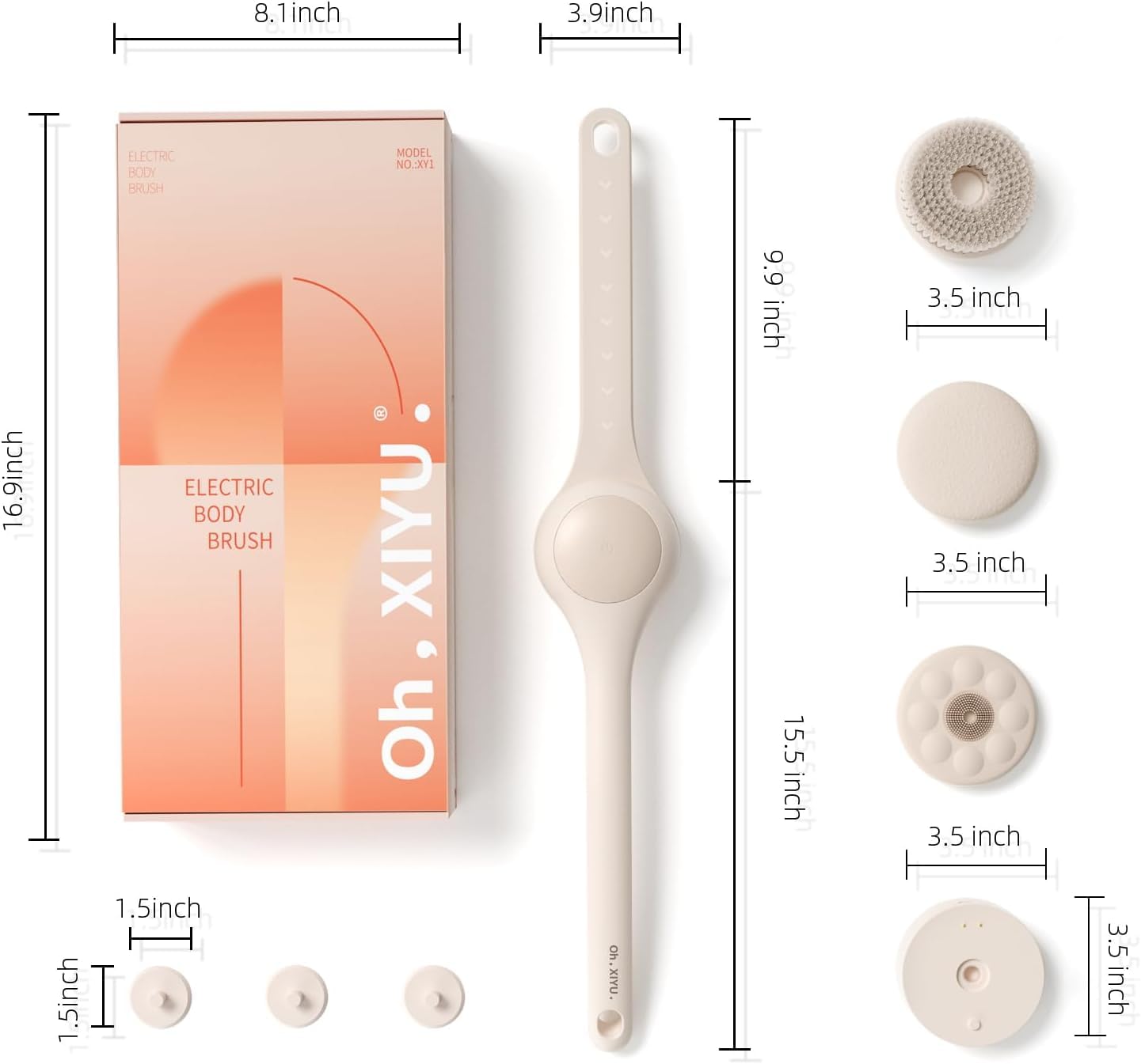 Electric Body Brush with Dual Handles – Waterproof Rotating Bath Scrubber, 3 Replaceable Heads, USB-C Charging, 2 Speeds(Milk coffee)