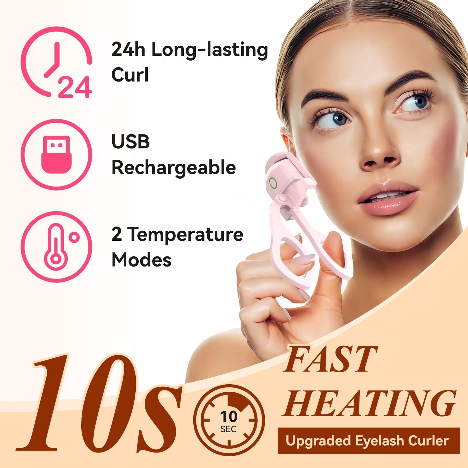 Electric Heated Eyelash Curler – 24H Long-Lasting Curl, USB Rechargeable, Dual Temperature Modes, Fast Heating in 10 Seconds, Portable & Lightweight (Pink)