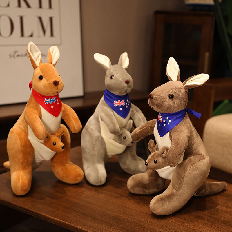 Kangaroo Stuffed Animal with Joey in Pouch & Australia Scarf - Soft Cuddly Plush Toy(45cm, Dark brown
)| Other Colors Available in Store