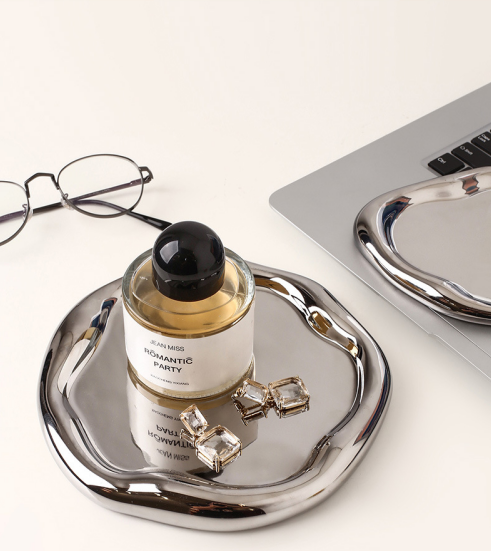 Silver Plated Ceramic Tray Set (Round & Long Shapes) – Minimalist Luxury Decorative Organizer for Jewelry, Vanity & Home Display| Other Styles Available in Store