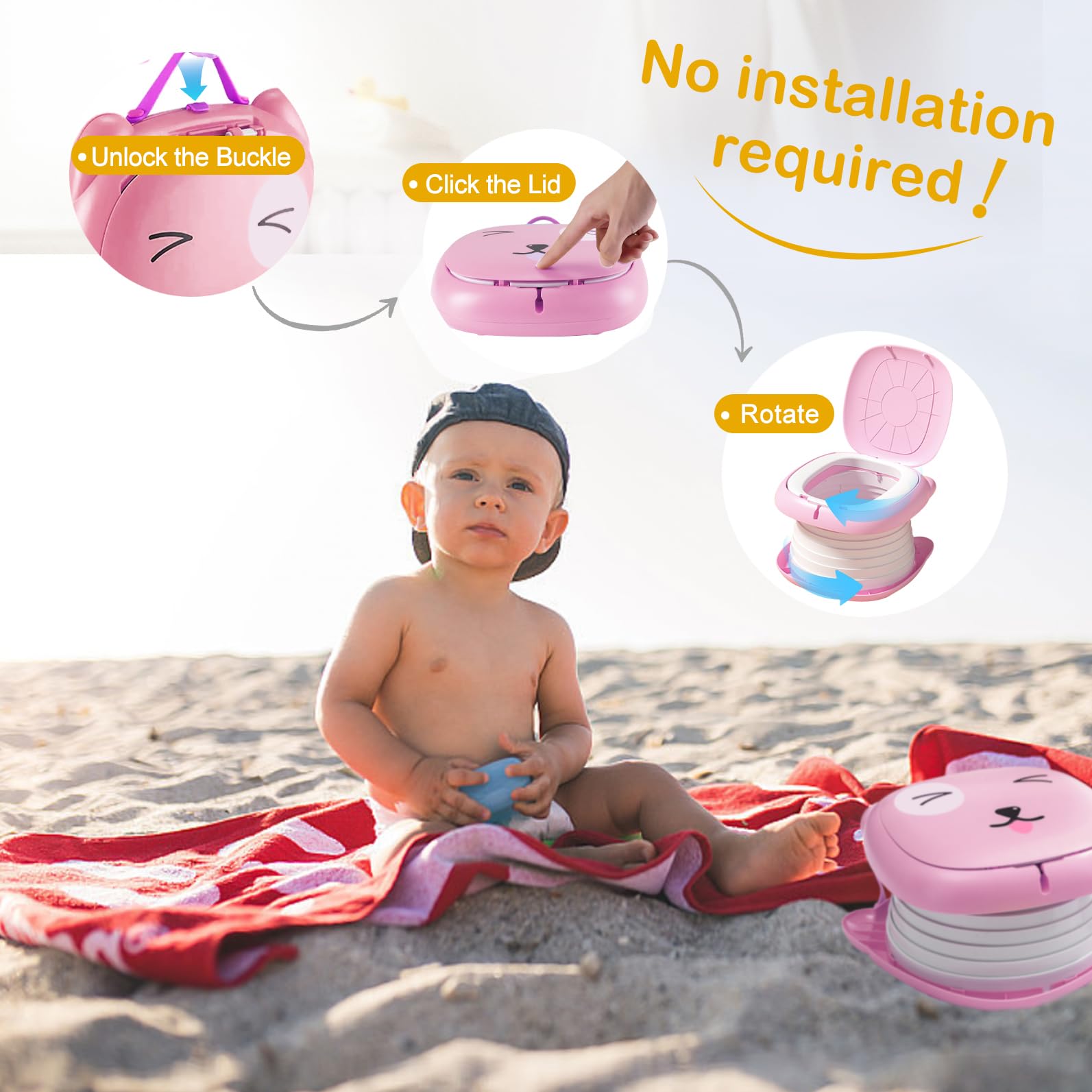 Portable Folding Potty for Toddlers – Compact Travel Toilet with Cat Design, Easy to Carry & Clean, Ideal for Home, Car, Camping, Outdoor Use (Pink)