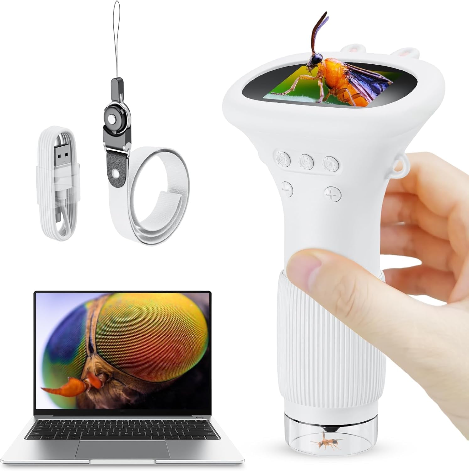 Student Digital Microscope for Kids – Portable 1000x Magnification Handheld Scope with 2 Inch HD Screen, LED Light & Photo Storage, Ideal for Science Class and Outdoor Exploration (White)