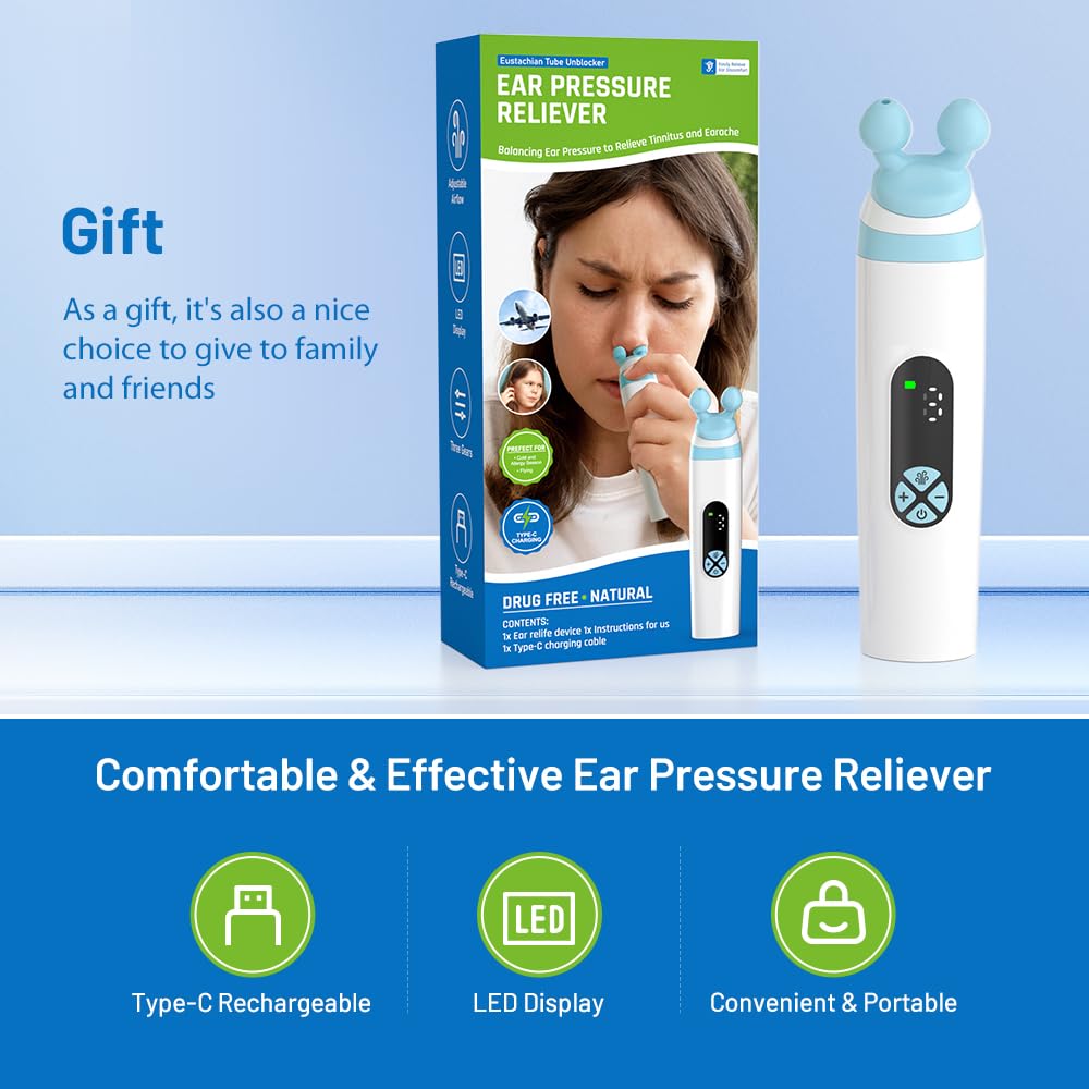 Electric Ear Pressure Relief Device – 3-Mode Adjustable Airflow for Travel, Diving & Altitude – Eustachian Tube Unblocker with LED Display & Type-C Charging (White)