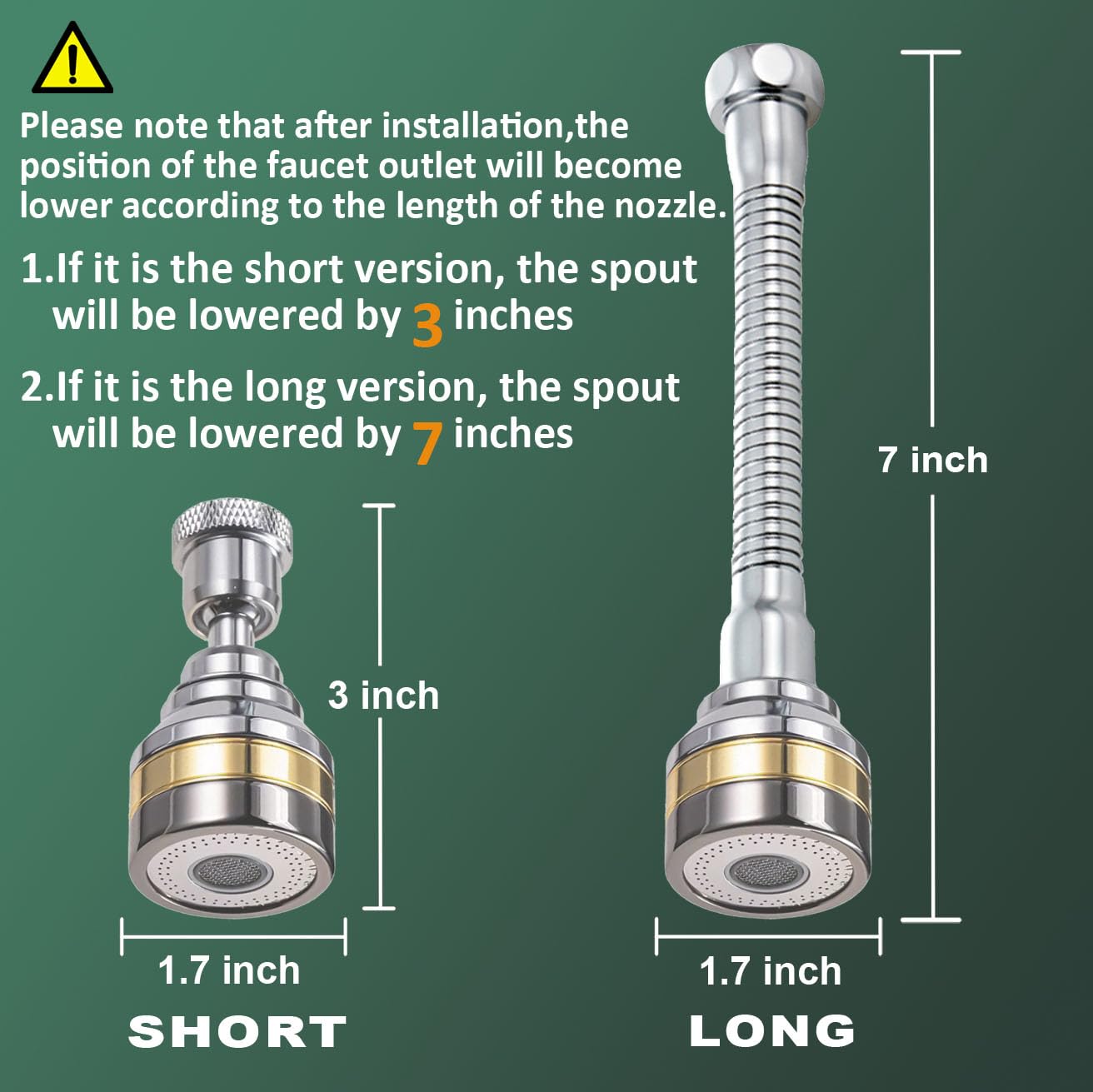 Multi-Function Rotating Faucet Aerator – 360° Swivel Kitchen Sink Extender with Adjustable Flow Modes, 3-inch & 7-inch Lengths, Anti-Splash Sprayer for Washing, Cleaning, and Filling (Silver,Short)