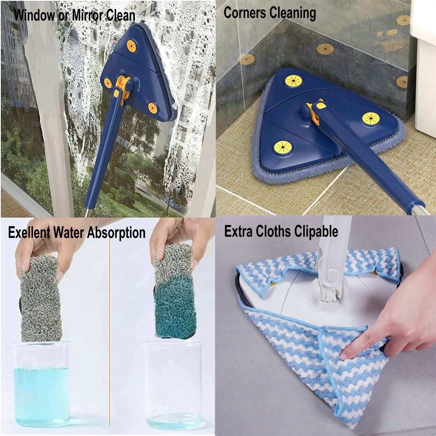 360° Rotating Triangular Floor Mop with Auto-Squeeze System – Easy Twist, No-Hand Squeezing, Reusable Microfiber Cloths for Hard Floors, Windows, and Corners (Blue)