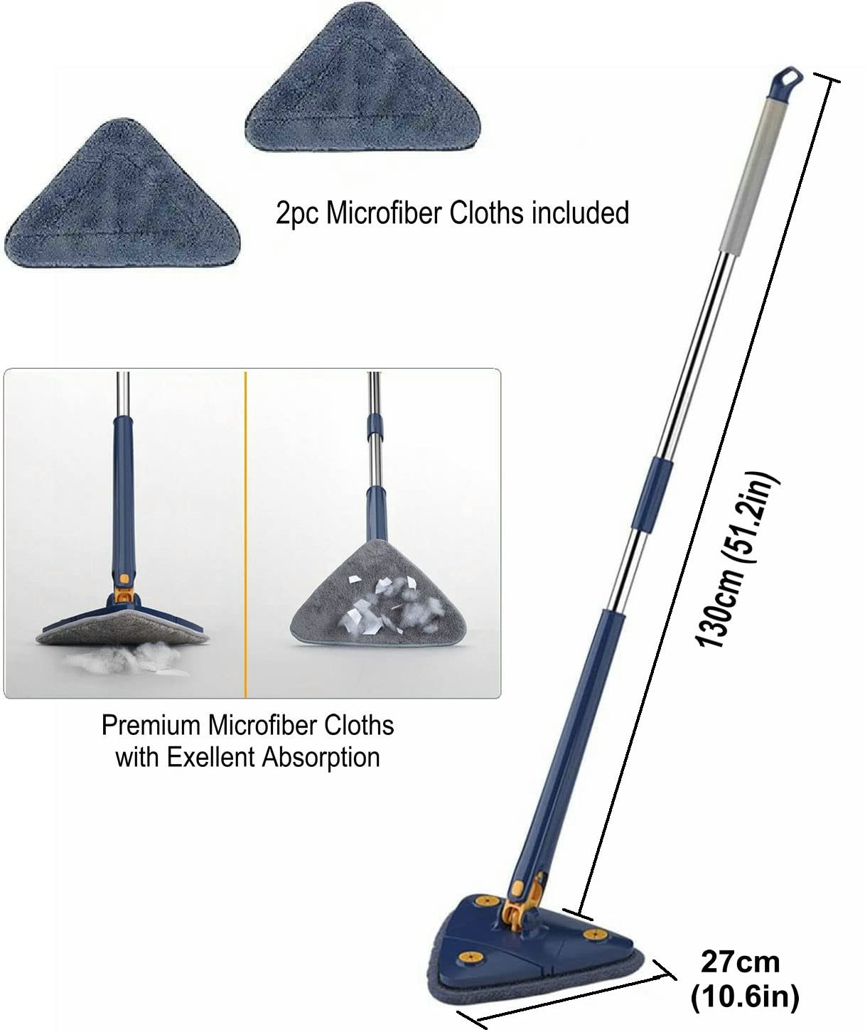 360° Rotating Triangular Floor Mop with Auto-Squeeze System – Easy Twist, No-Hand Squeezing, Reusable Microfiber Cloths for Hard Floors, Windows, and Corners (Blue)