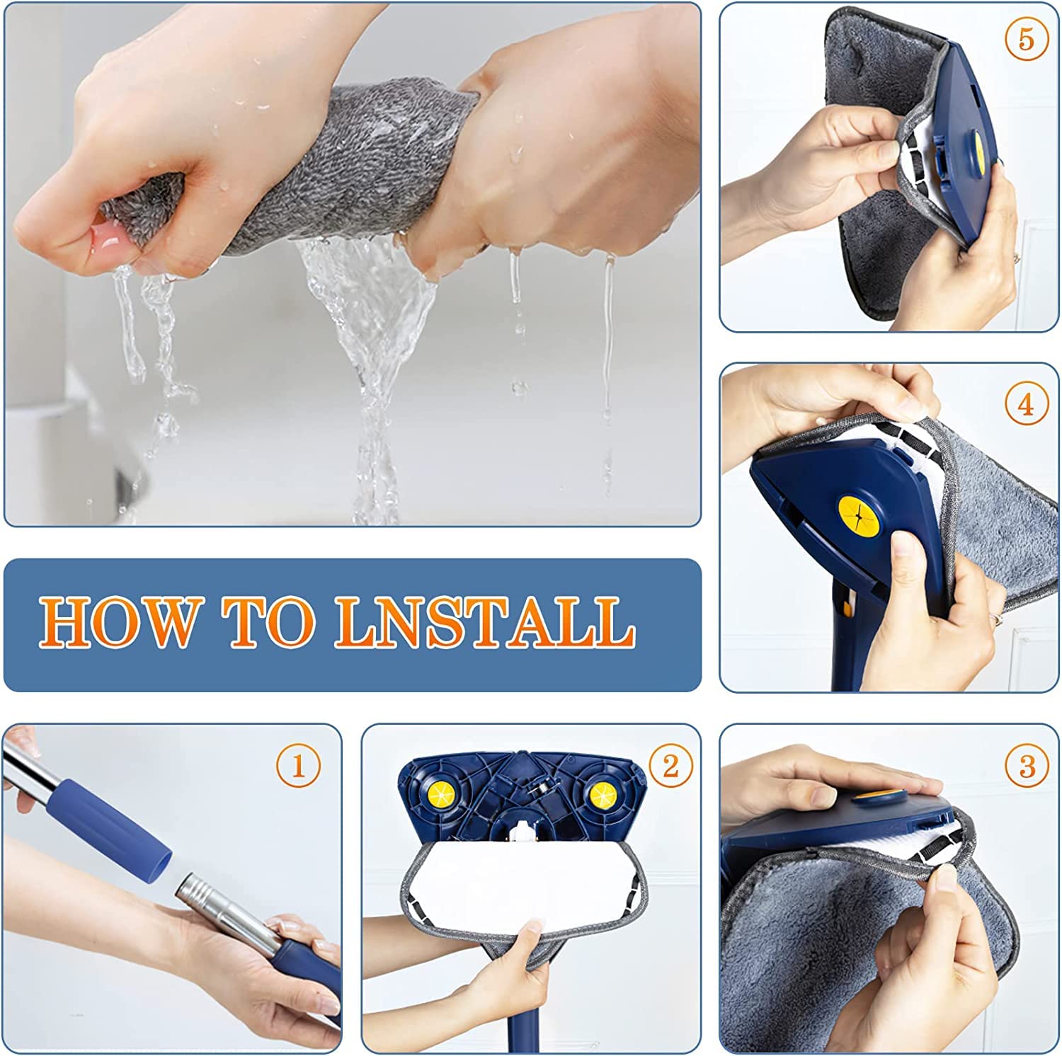 360° Rotating Triangular Floor Mop with Auto-Squeeze System – Easy Twist, No-Hand Squeezing, Reusable Microfiber Cloths for Hard Floors, Windows, and Corners (Blue)