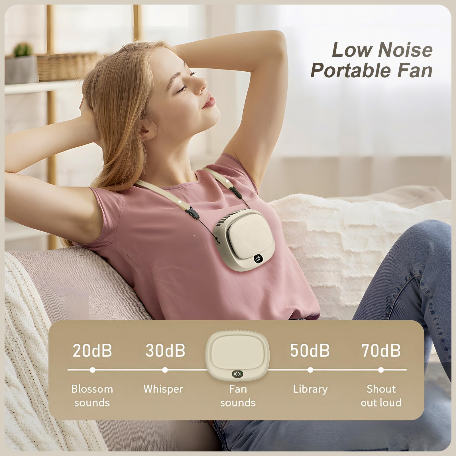 Portable Neck Fan with 5 Speeds – Rechargeable USB Mini Fan for Outdoor Travel, Work & Camping – Silent Personal Cooling Fan (Beige)