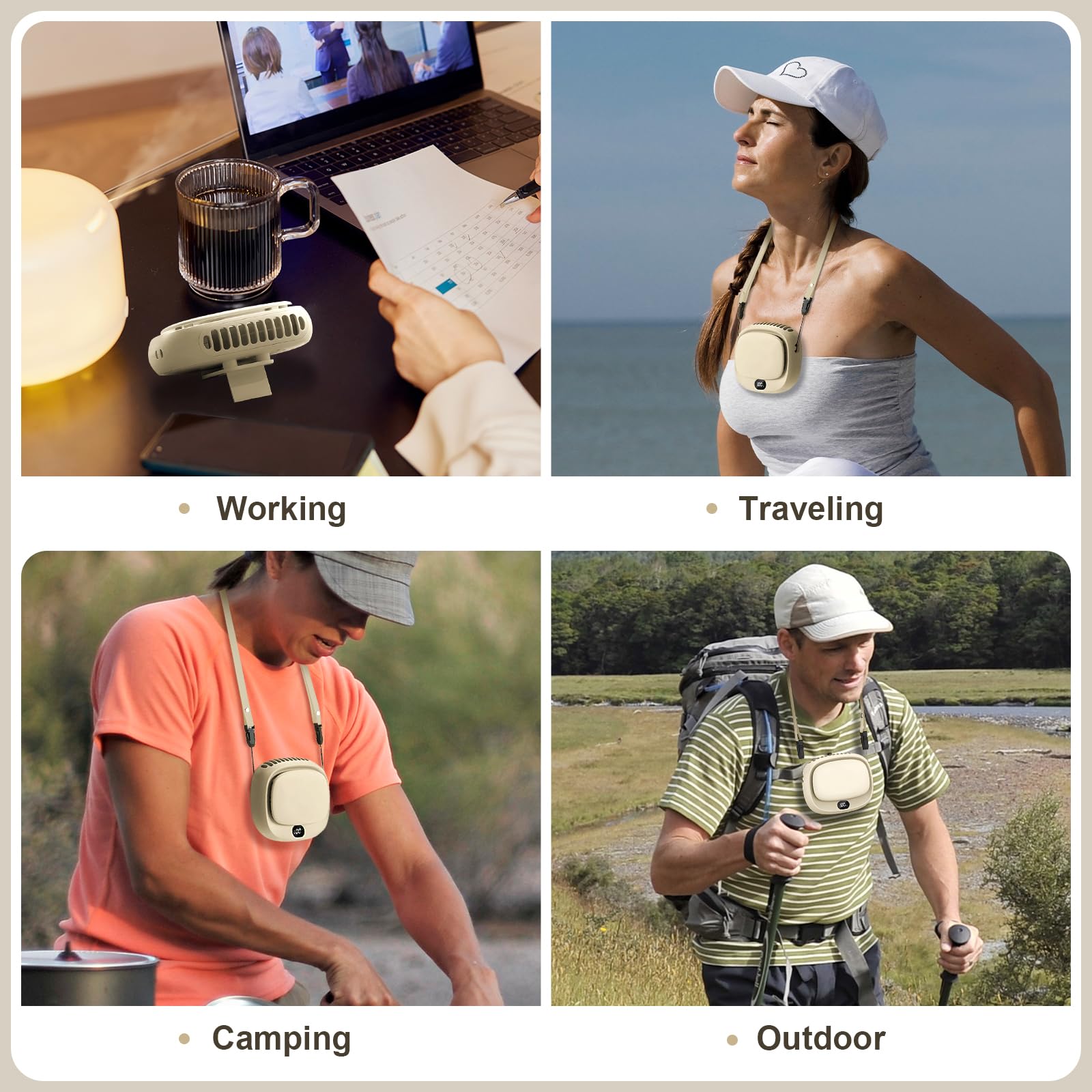 Portable Neck Fan with 5 Speeds – Rechargeable USB Mini Fan for Outdoor Travel, Work & Camping – Silent Personal Cooling Fan (Beige)