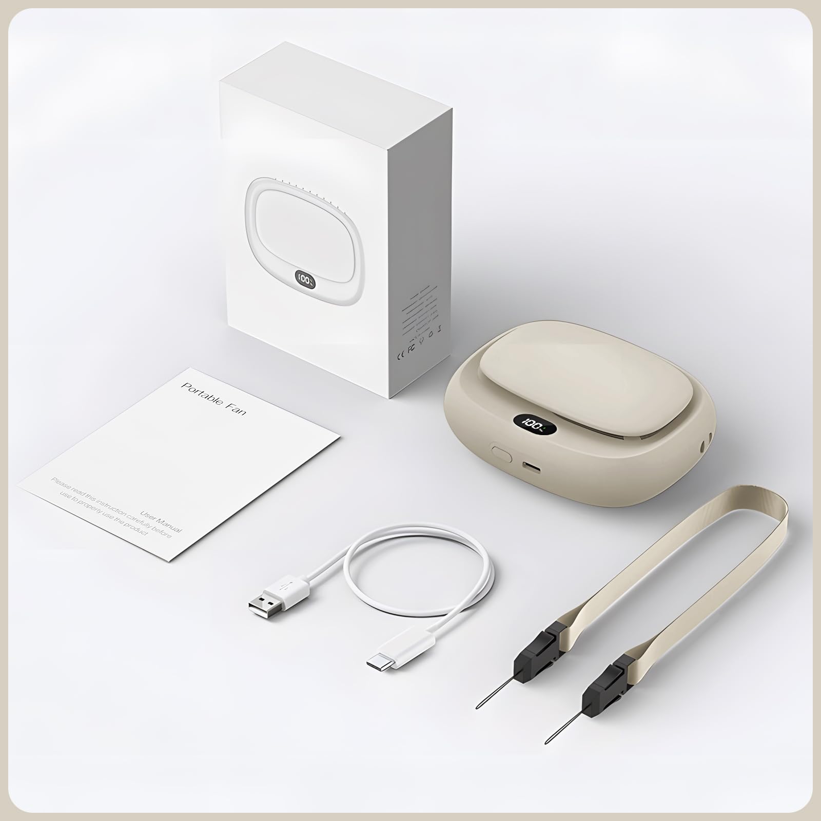 Portable Neck Fan with 5 Speeds – Rechargeable USB Mini Fan for Outdoor Travel, Work & Camping – Silent Personal Cooling Fan (Beige)