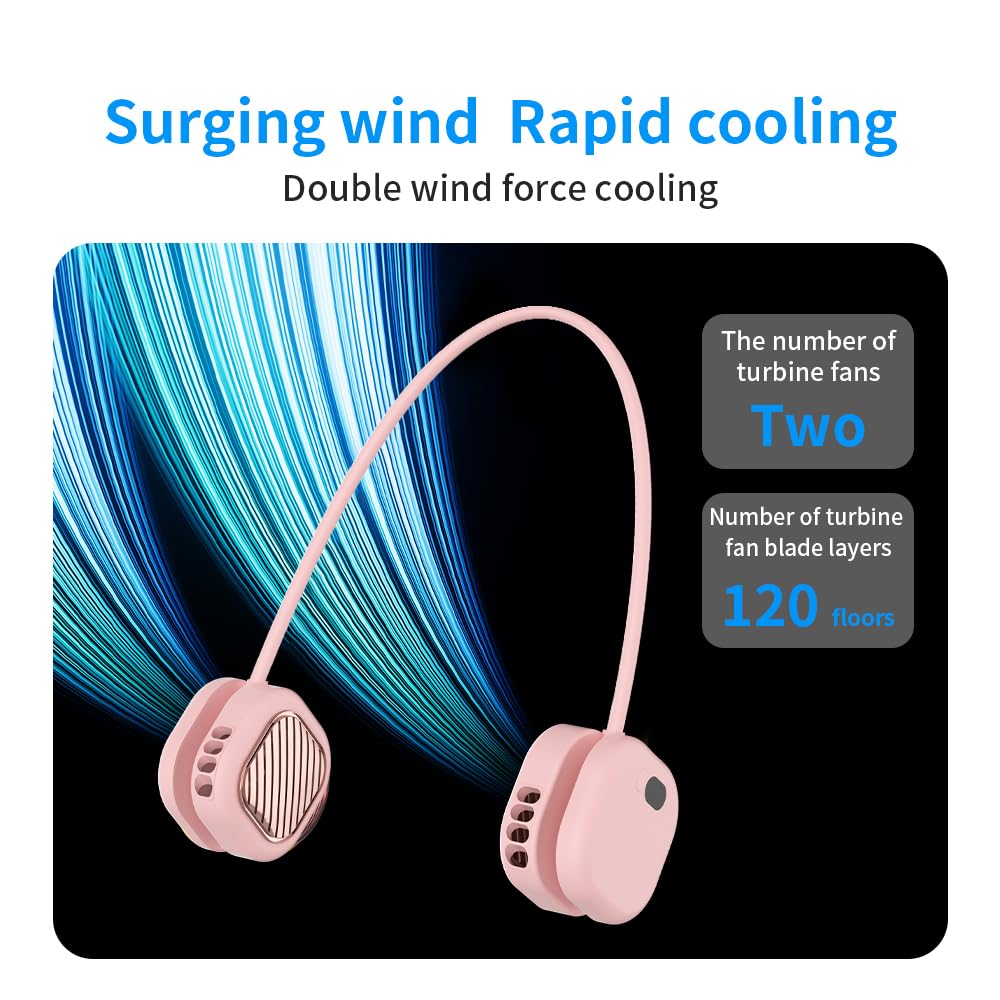 Portable Neck Fan with 5-Speed Adjustable Cooling – Lightweight Rechargeable Bladeless Fan for Travel, Outdoor, Gym, Office Use – Ultra-Quiet & Foldable (Pink)