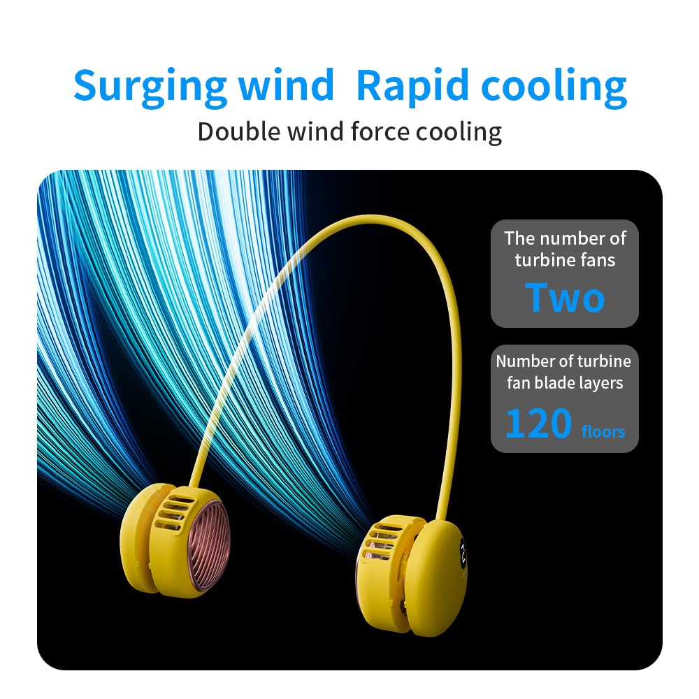 Portable Neck Fan with 5-Speed Adjustable Cooling – Lightweight Rechargeable Bladeless Fan for Travel, Outdoor, Gym, Office Use – Ultra-Quiet & Foldable (Yellow)