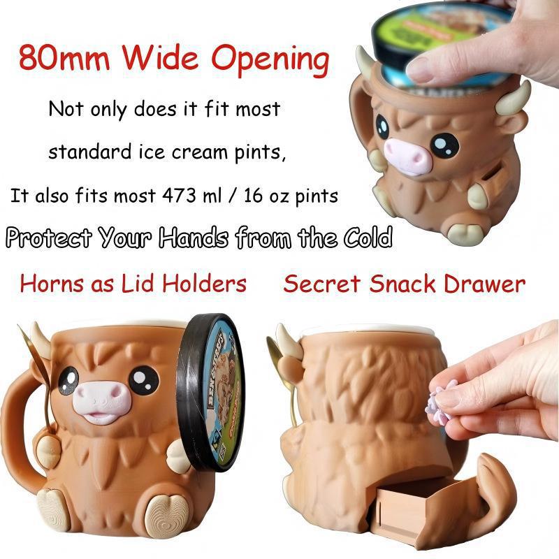 Modern Highland Cow Ice Pint Holder – Fun Animal Mug with Secret Snack Drawer, Lid Holders, and Wide Opening(Brown)