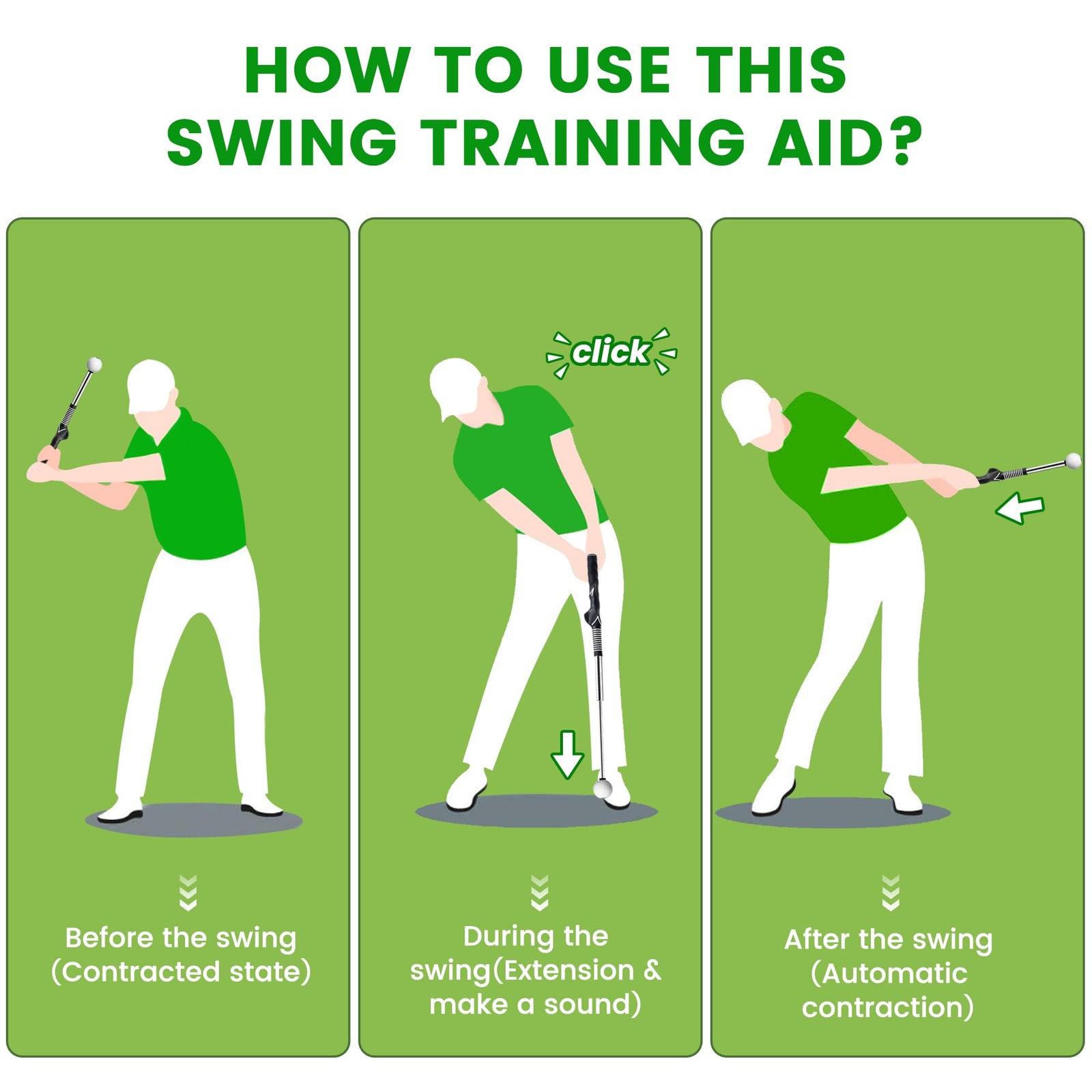 Retractable Golf Swing Trainer with Click Sound – Black Adjustable Tempo Training Aid for Home, Office & Driving Range Practice (Black)