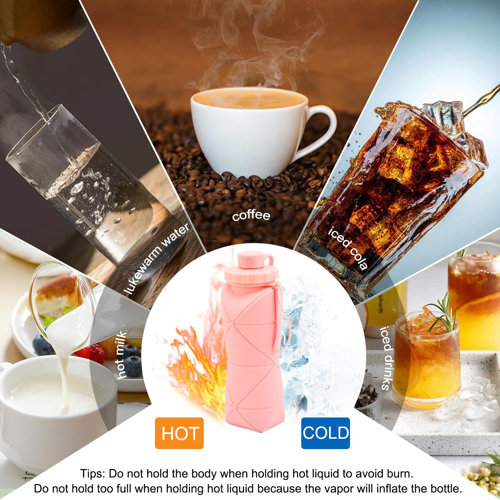 Collapsible Silicone Water Bottle 600ML – Foldable, Leak-Proof, BPA-Free, Portable Outdoor Sports Bottle with Carrying Strap – Compact Design for Hiking, Gym, Travel (Pink)