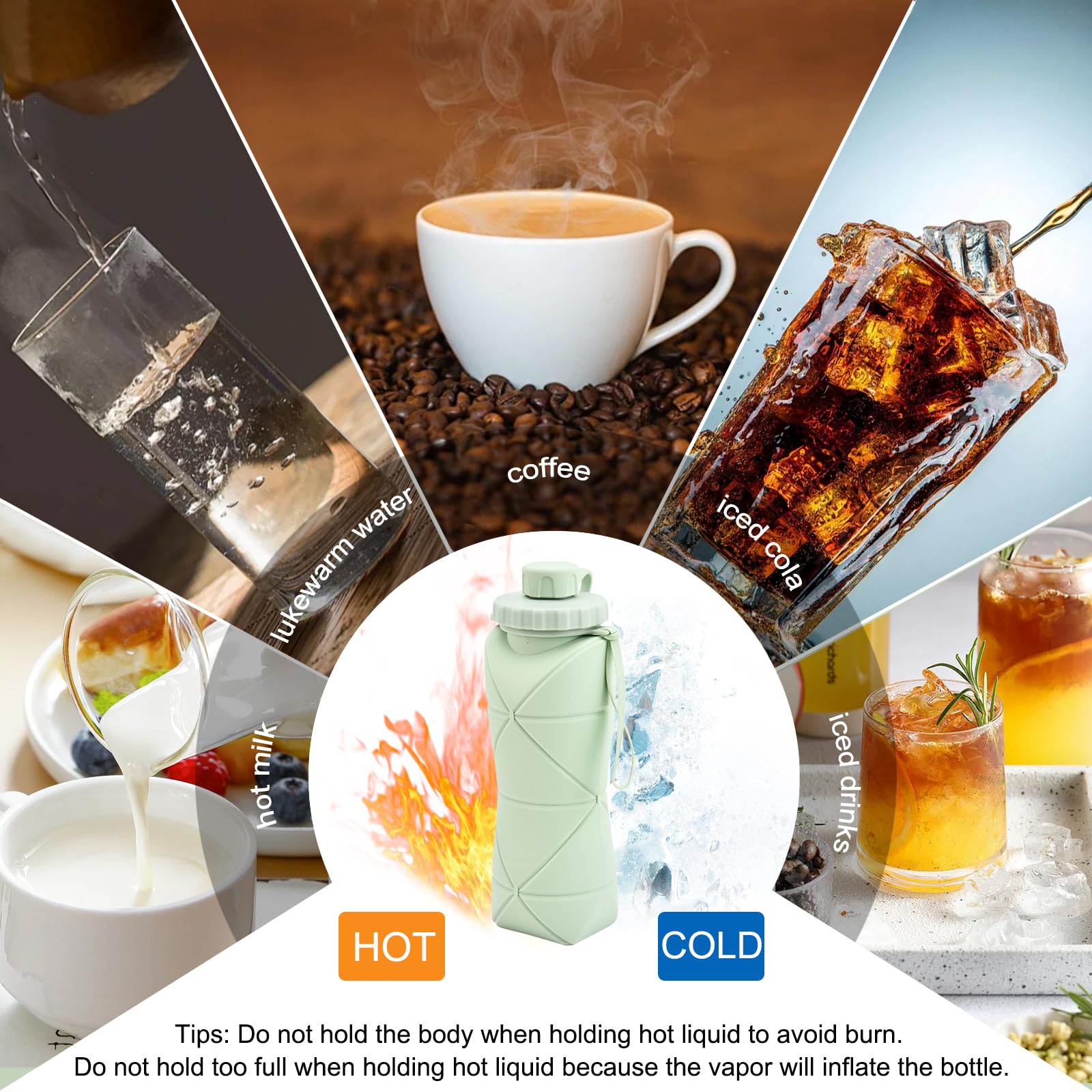 Collapsible Silicone Water Bottle 600ML – Foldable, Leak-Proof, BPA-Free, Portable Outdoor Sports Bottle with Carrying Strap – Compact Design for Hiking, Gym, Travel (Green)