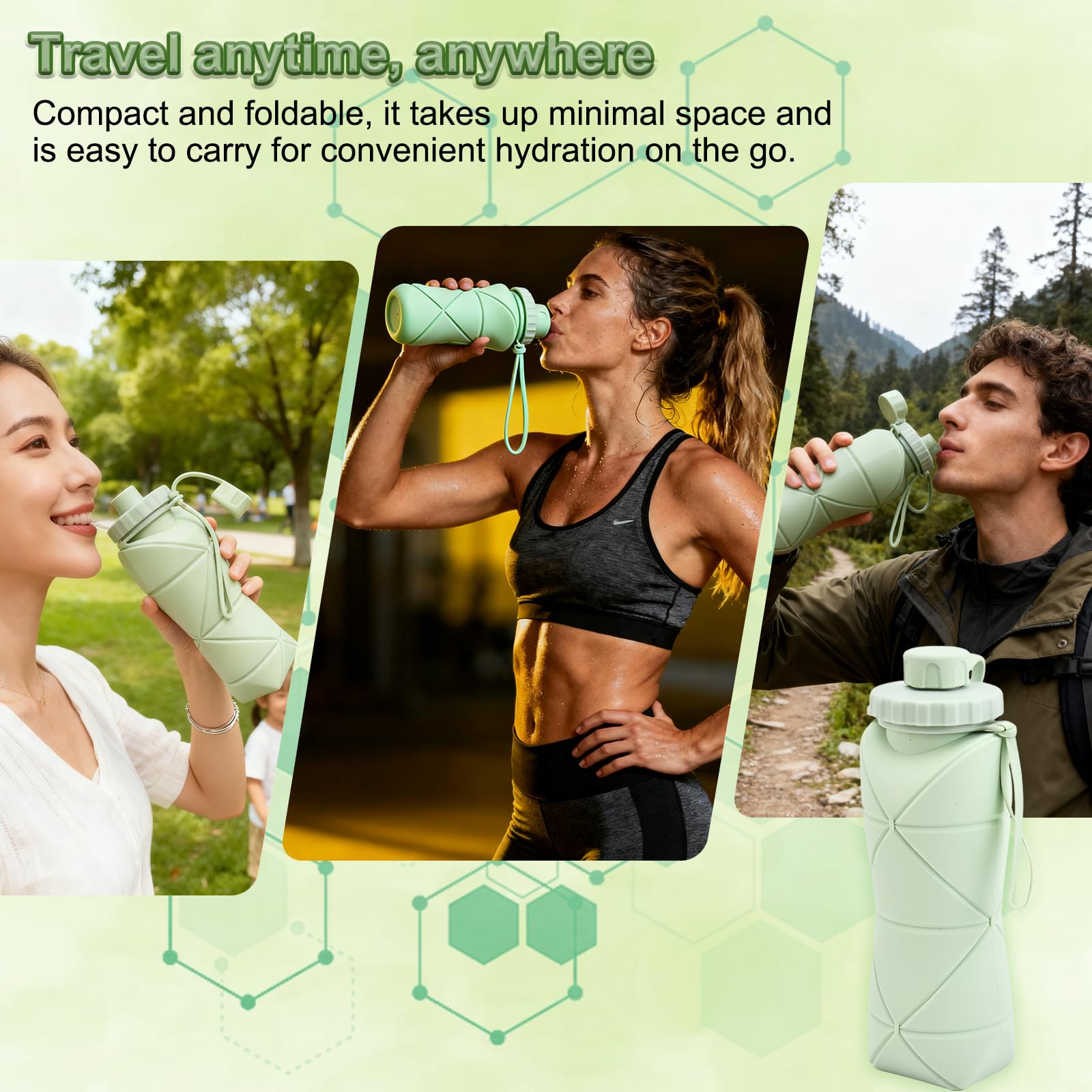 Collapsible Silicone Water Bottle 600ML – Foldable, Leak-Proof, BPA-Free, Portable Outdoor Sports Bottle with Carrying Strap – Compact Design for Hiking, Gym, Travel (Green)