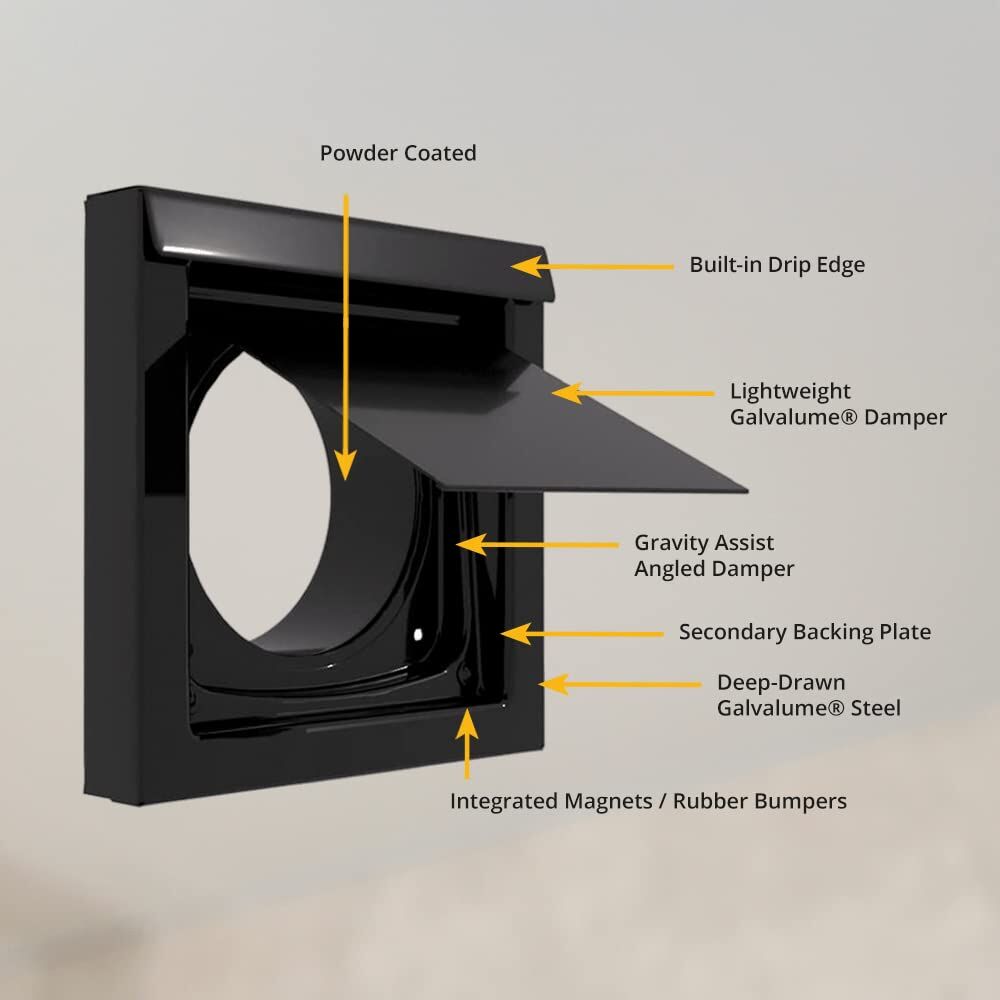 Black 4-Inch Dryer Vent Cover – Outdoor Wall Exhaust for Clothes Dryer & Bathroom Fan | Durable Galvalume Steel with Quiet Damper | Other Colours Available In-Store