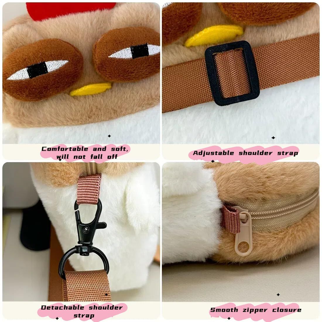 Cute Chicken Plush Crossbody Bag – White & Brown Kawaii Animal Backpack for Kids & Girls | Fun Gift Idea