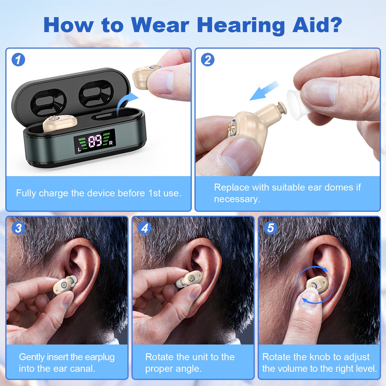 Rechargeable In-the-Ear Hearing Aids with Charging Case and LCD Display – Ultra-Compact Sound Amplifier for Seniors (Black & Green Case, Skin Tone Device)