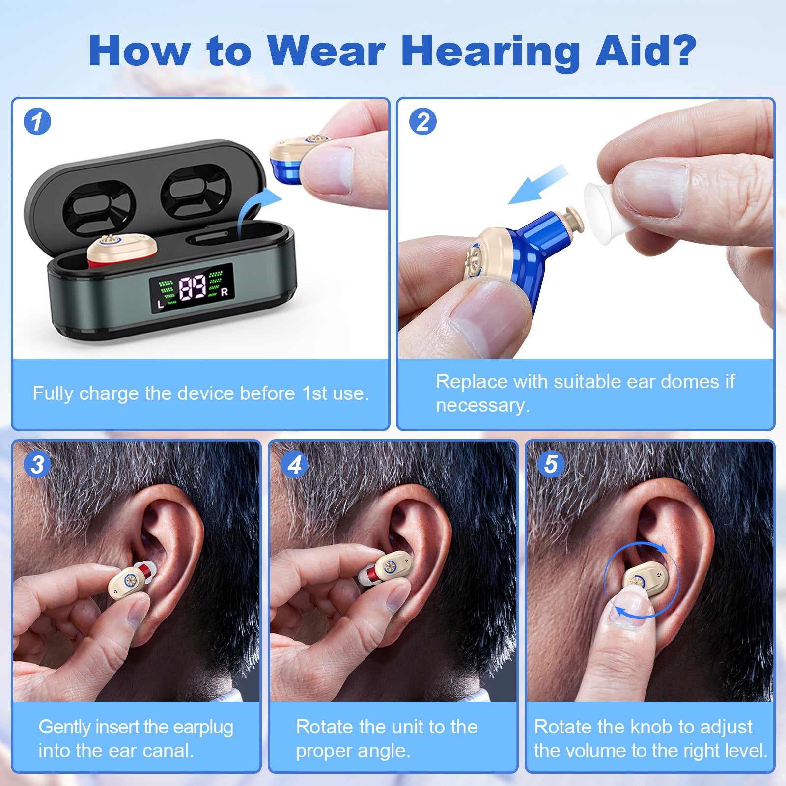 Rechargeable In-the-Ear Hearing Aids with Charging Case and LCD Display – Ultra-Compact Sound Amplifier for Seniors (Black & Green Case, Red & Blue Device)