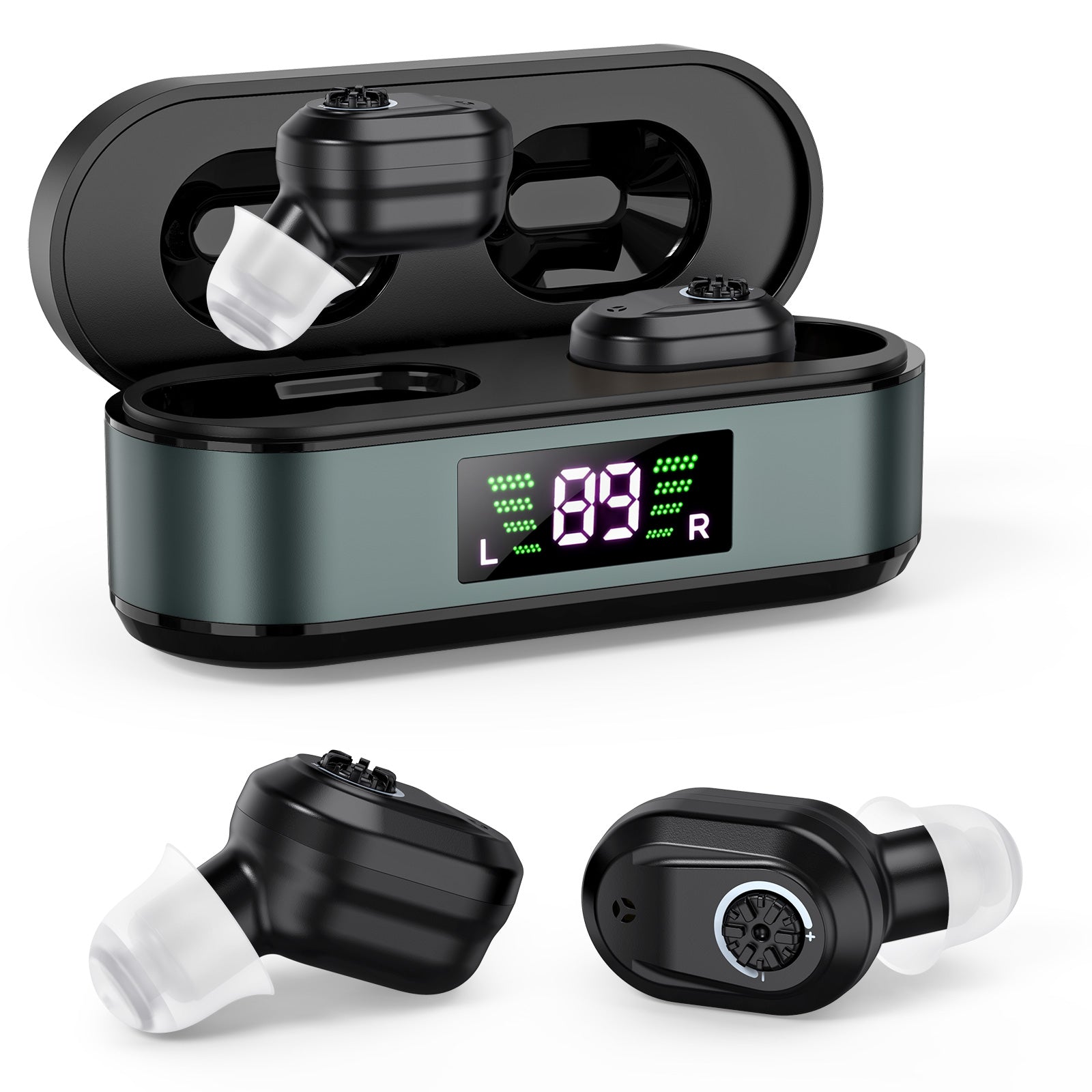 Rechargeable In-the-Ear Hearing Aids with Charging Case and LCD Display – Ultra-Compact Sound Amplifier for Seniors (Black & Green Case, Black Device)